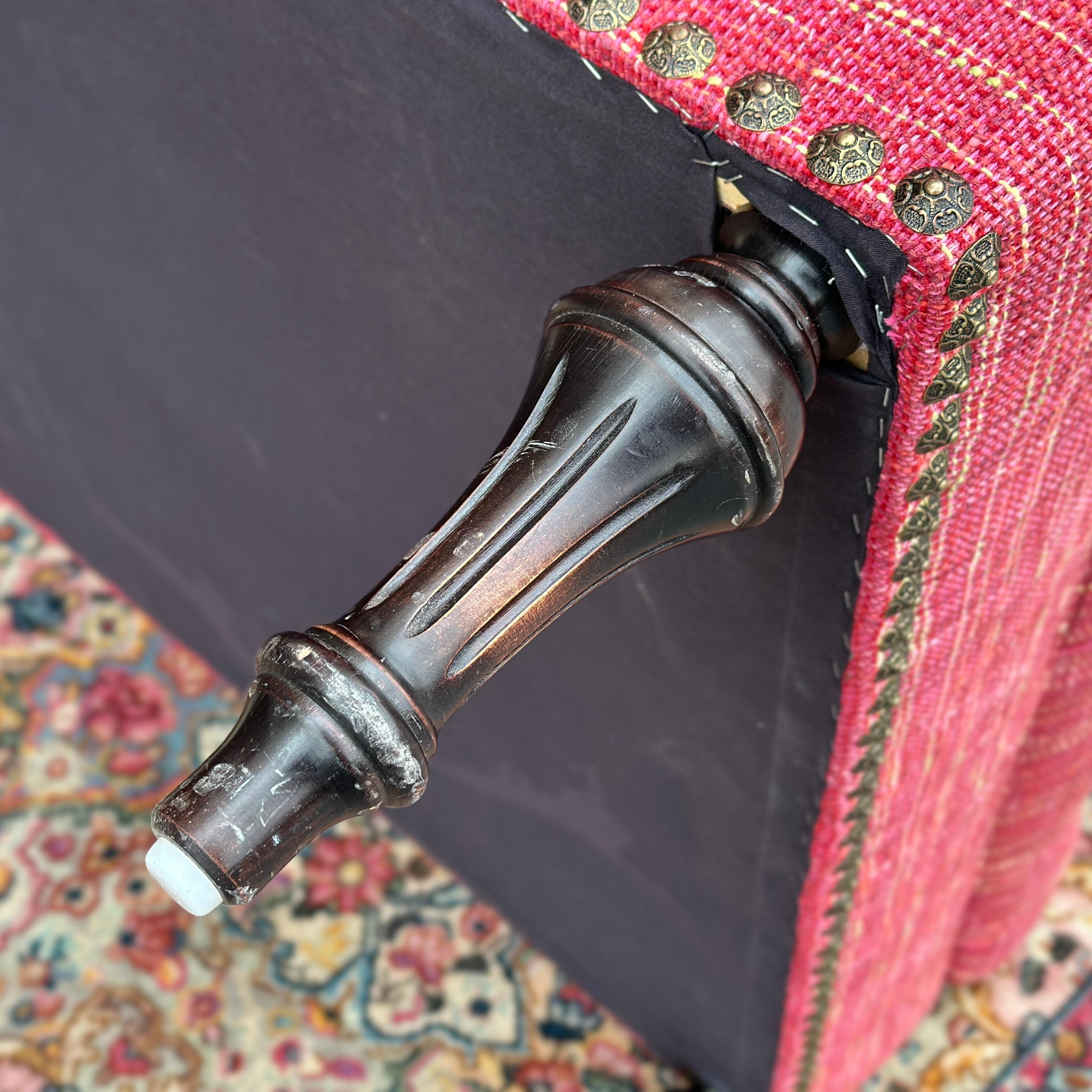 Vintage French Louis XVI Tufted Pink Cocktail Ottoman With Brass Tack Detail 4