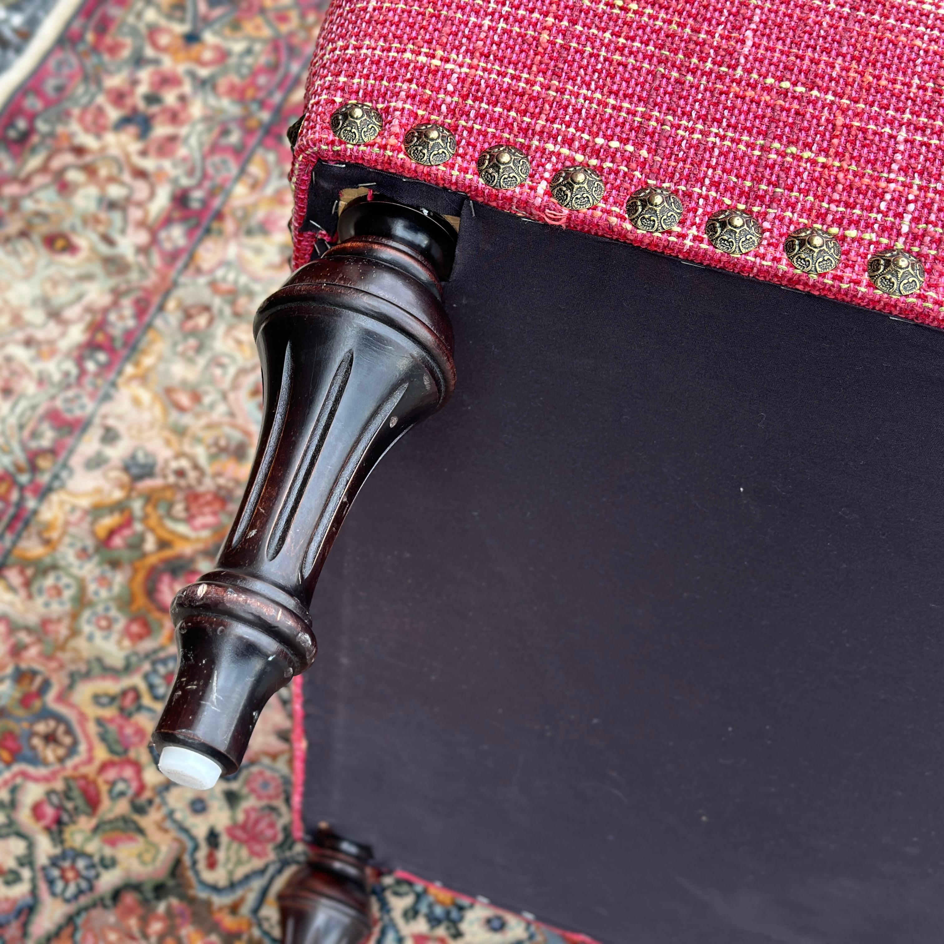 Vintage French Louis XVI Tufted Pink Cocktail Ottoman With Brass Tack Detail 5