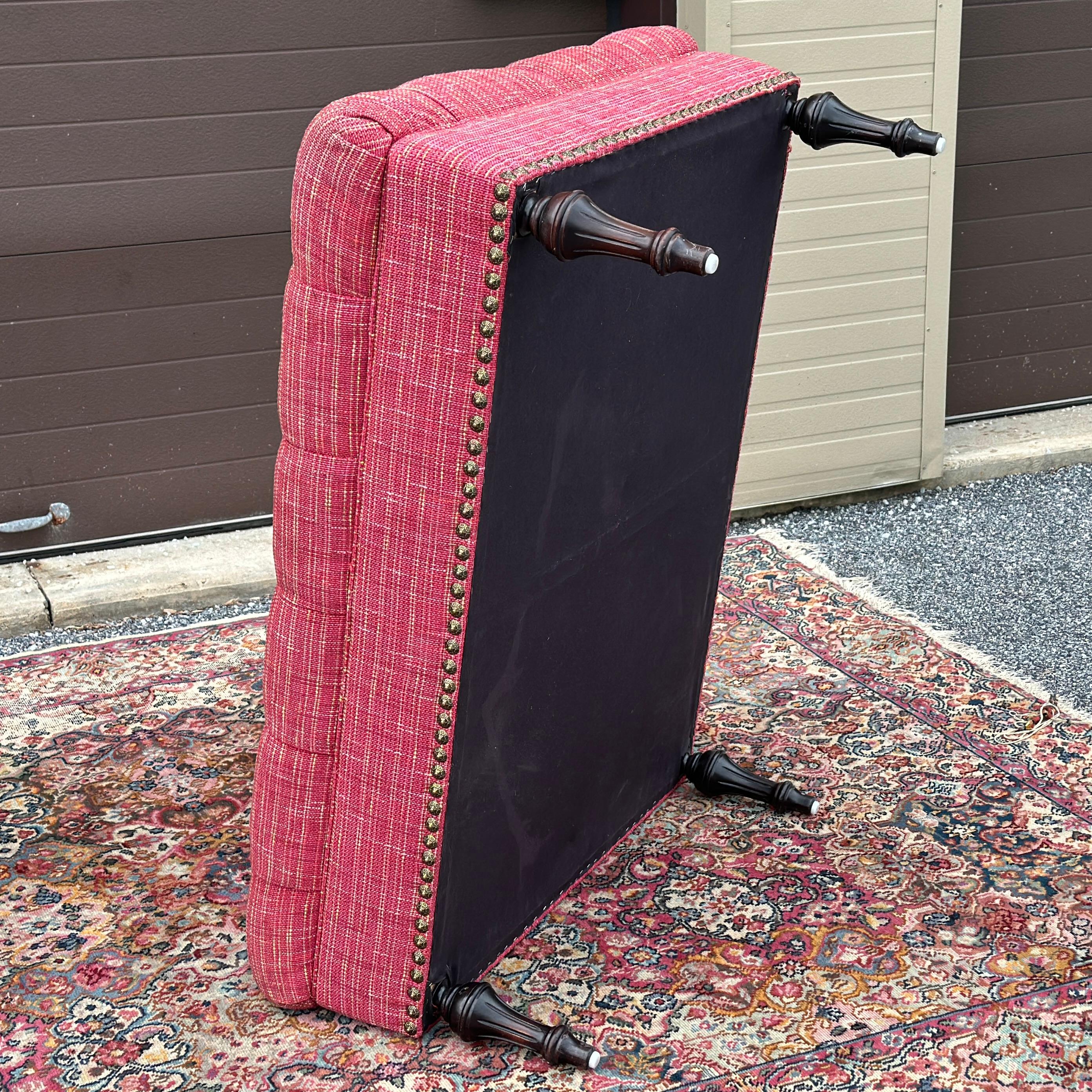 Vintage French Louis XVI Tufted Pink Cocktail Ottoman With Brass Tack Detail 6
