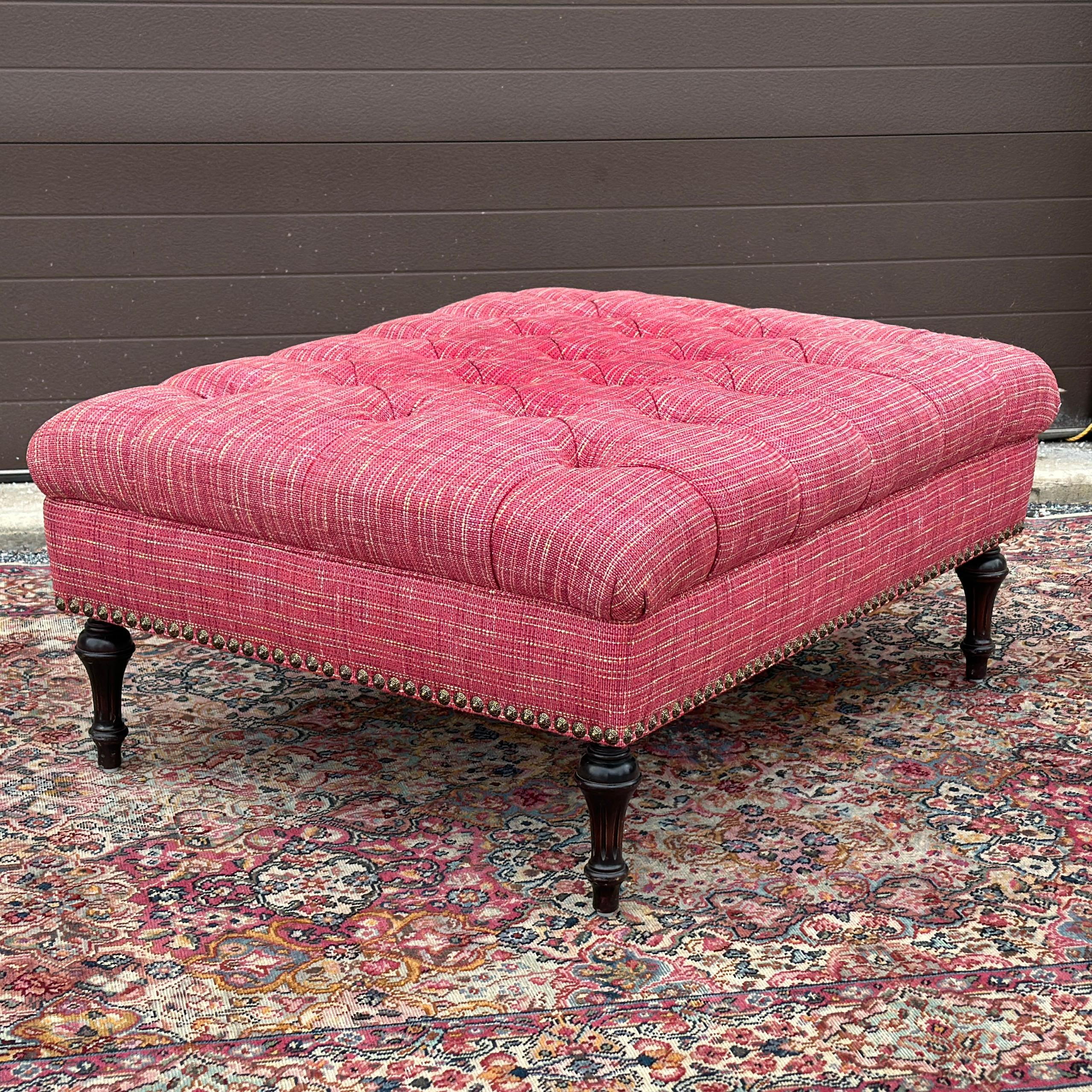 American Vintage French Louis XVI Tufted Pink Cocktail Ottoman With Brass Tack Detail