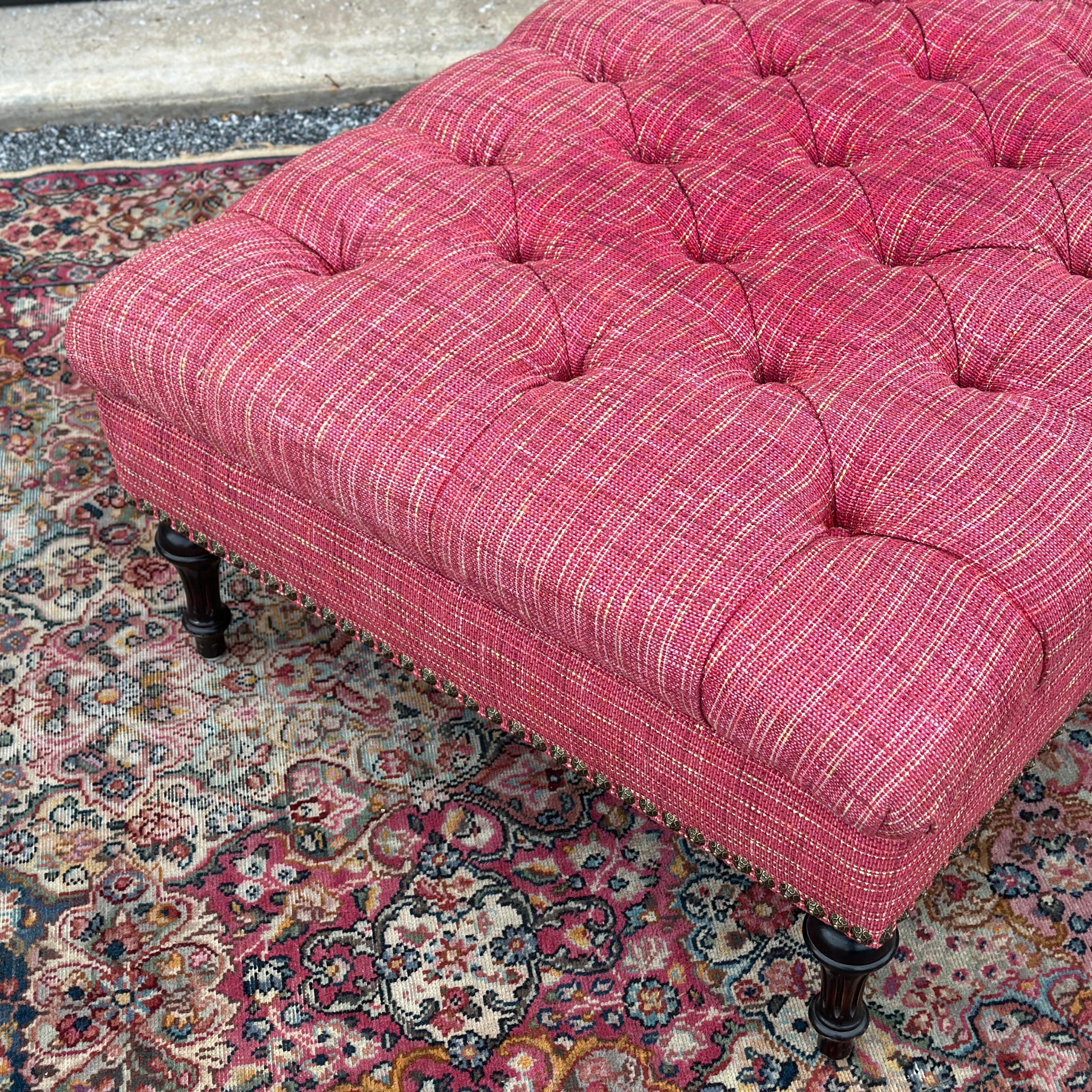 Hand-Crafted Vintage French Louis XVI Tufted Pink Cocktail Ottoman With Brass Tack Detail
