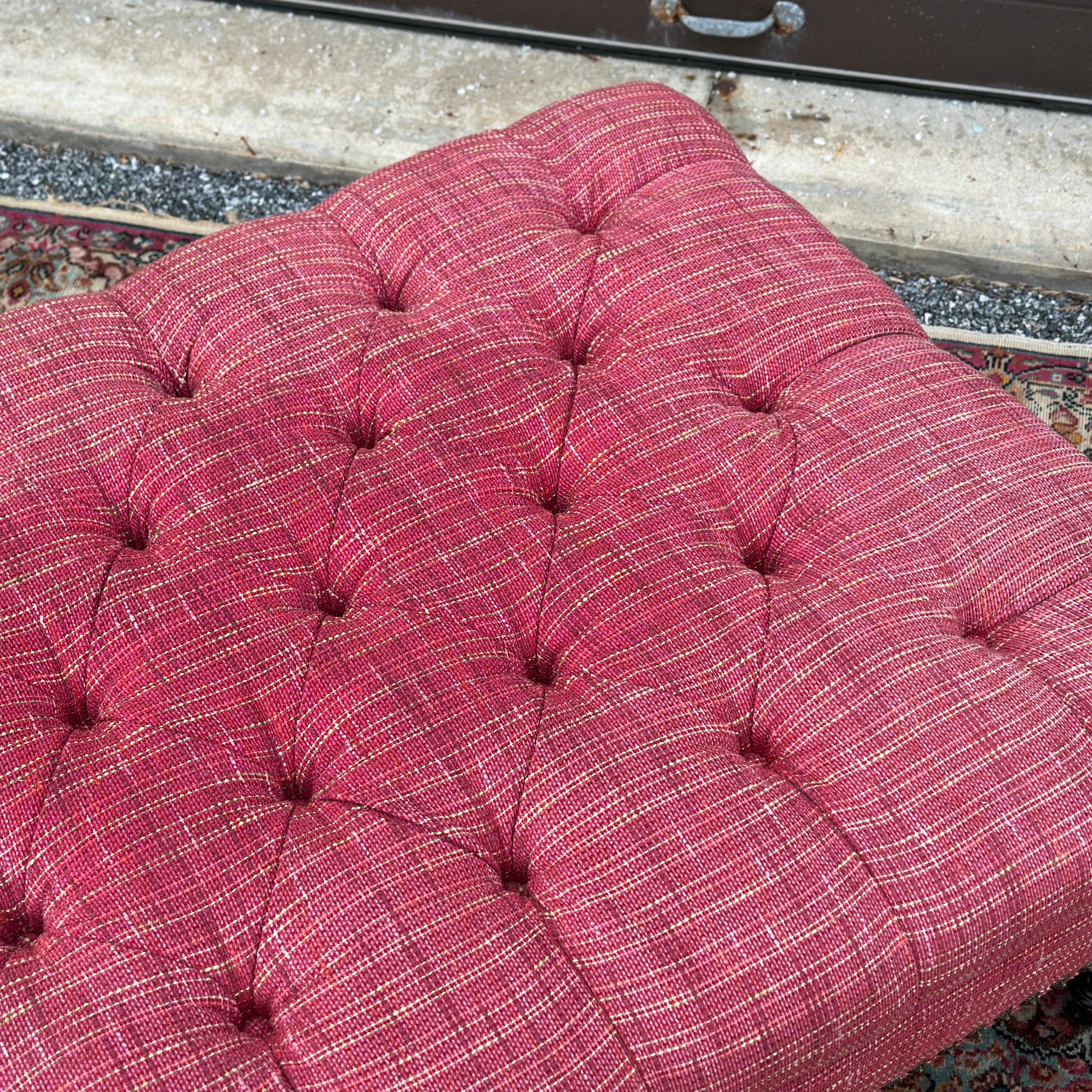Vintage French Louis XVI Tufted Pink Cocktail Ottoman With Brass Tack Detail In Good Condition In West Chester, PA