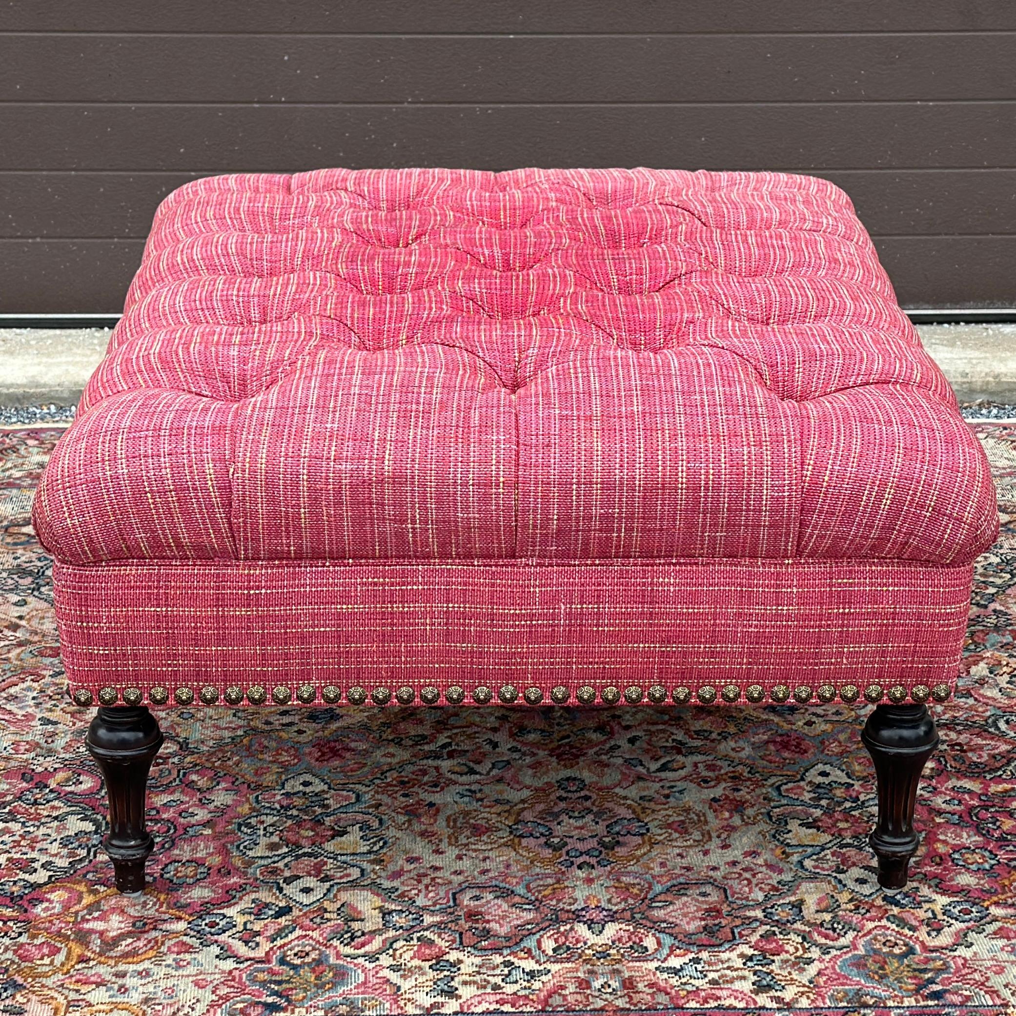 20th Century Vintage French Louis XVI Tufted Pink Cocktail Ottoman With Brass Tack Detail