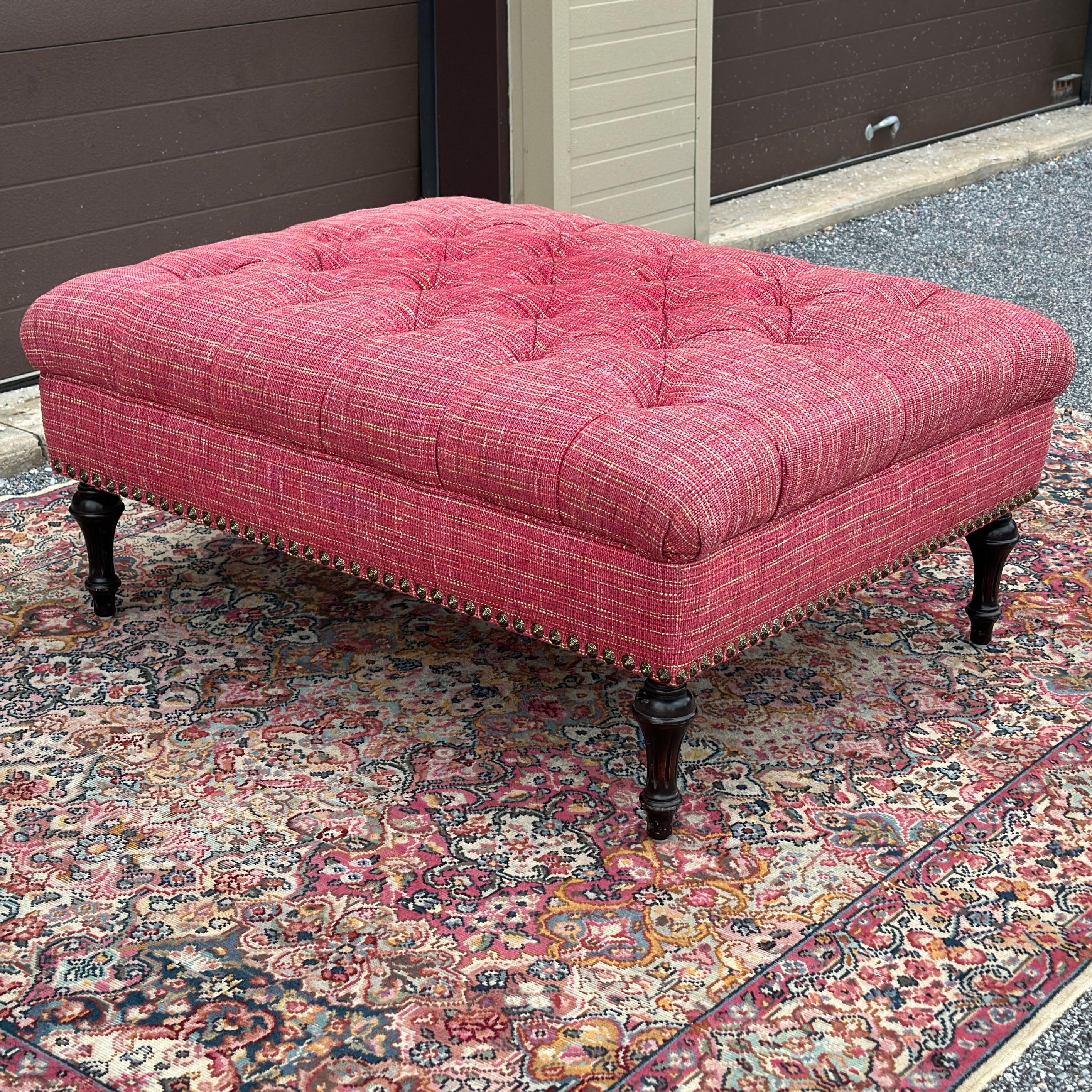Vintage French Louis XVI Tufted Pink Cocktail Ottoman With Brass Tack Detail 1