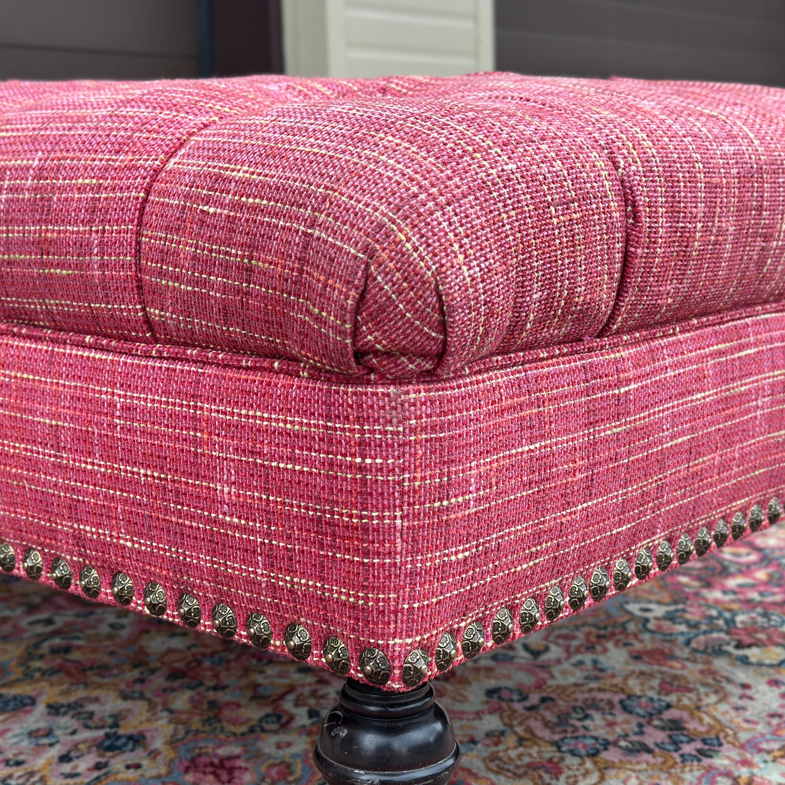 Vintage French Louis XVI Tufted Pink Cocktail Ottoman With Brass Tack Detail 2