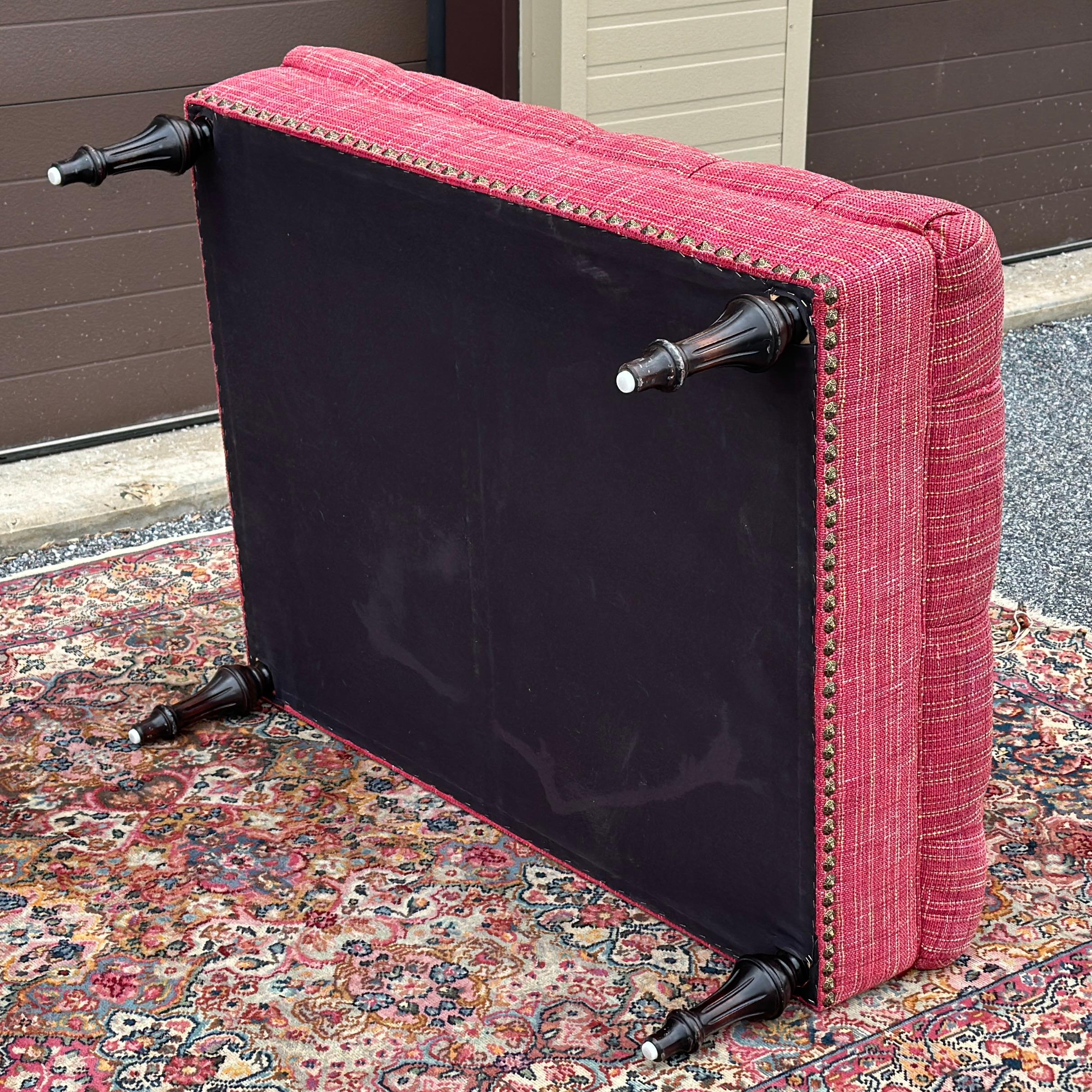 Vintage French Louis XVI Tufted Pink Cocktail Ottoman With Brass Tack Detail 3