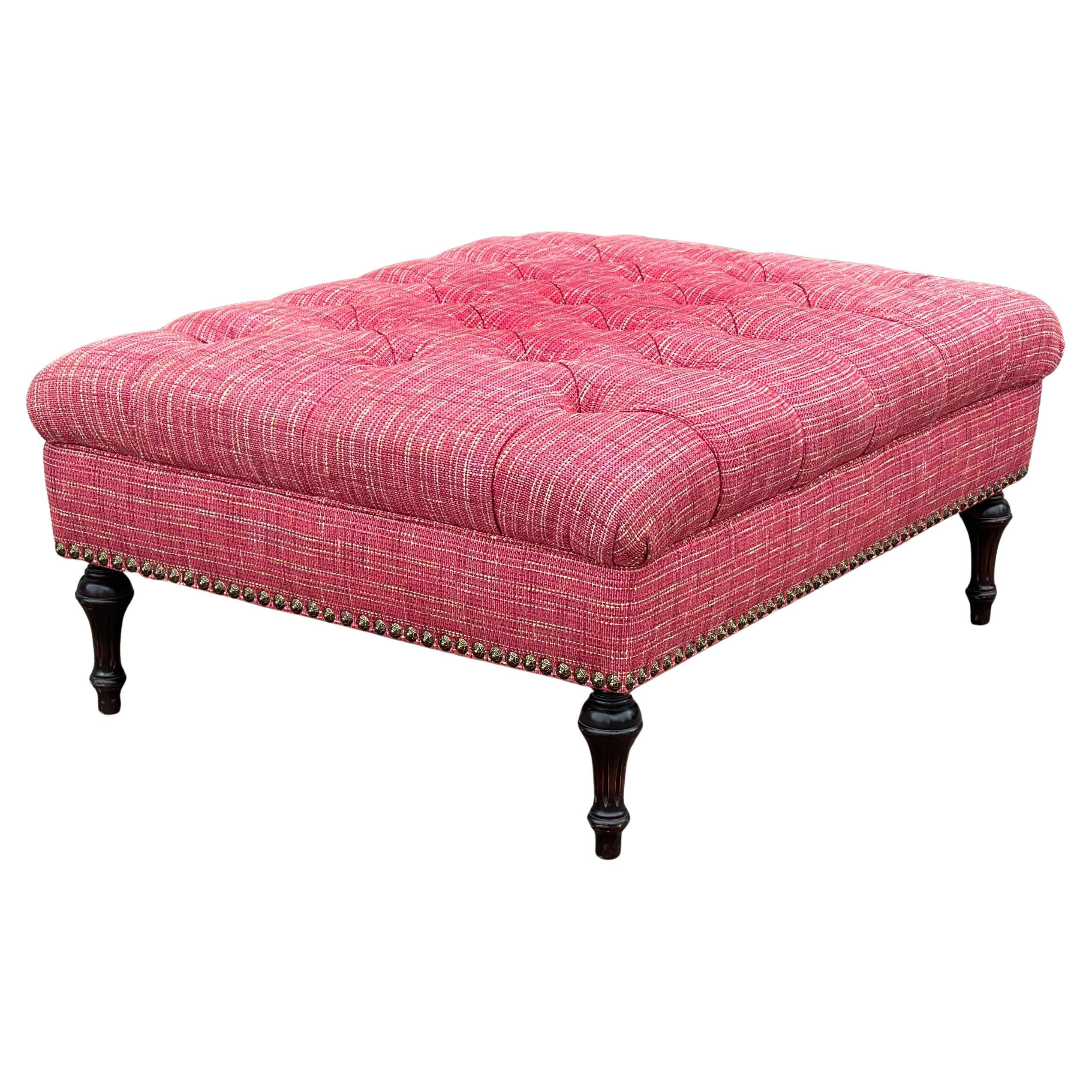Vintage French Louis XVI Tufted Pink Cocktail Ottoman With Brass Tack Detail