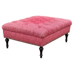 Vintage French Louis XVI Tufted Pink Cocktail Ottoman With Brass Tack Detail