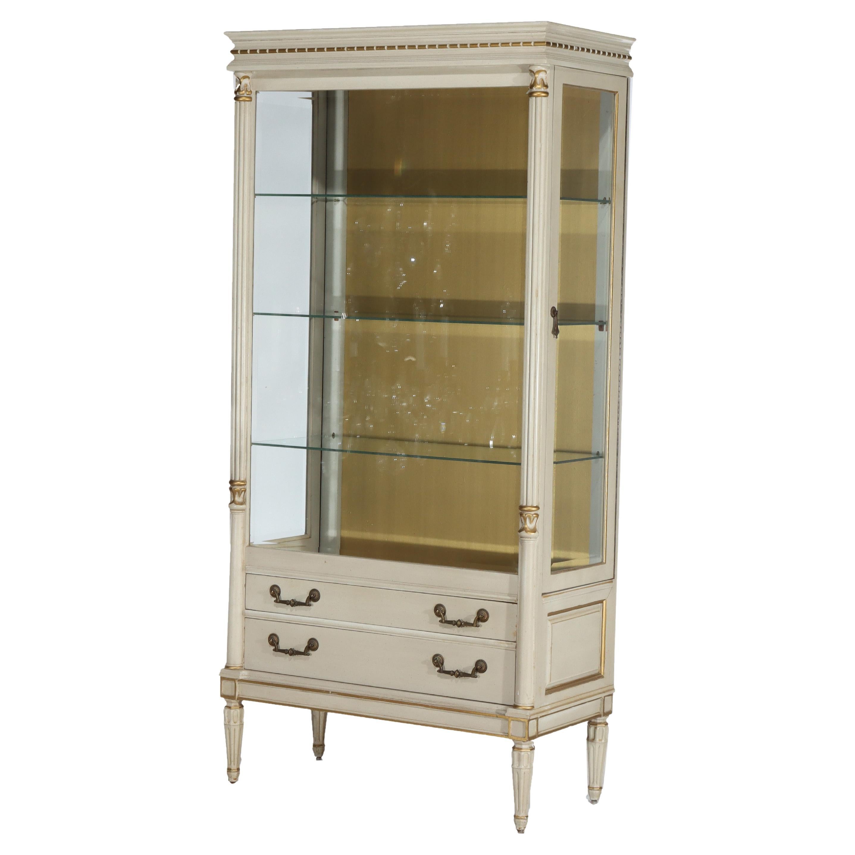 Vintage French Louis XVI Vitrine With 2-Drawers 
Gilt Trim c1950 For Sale