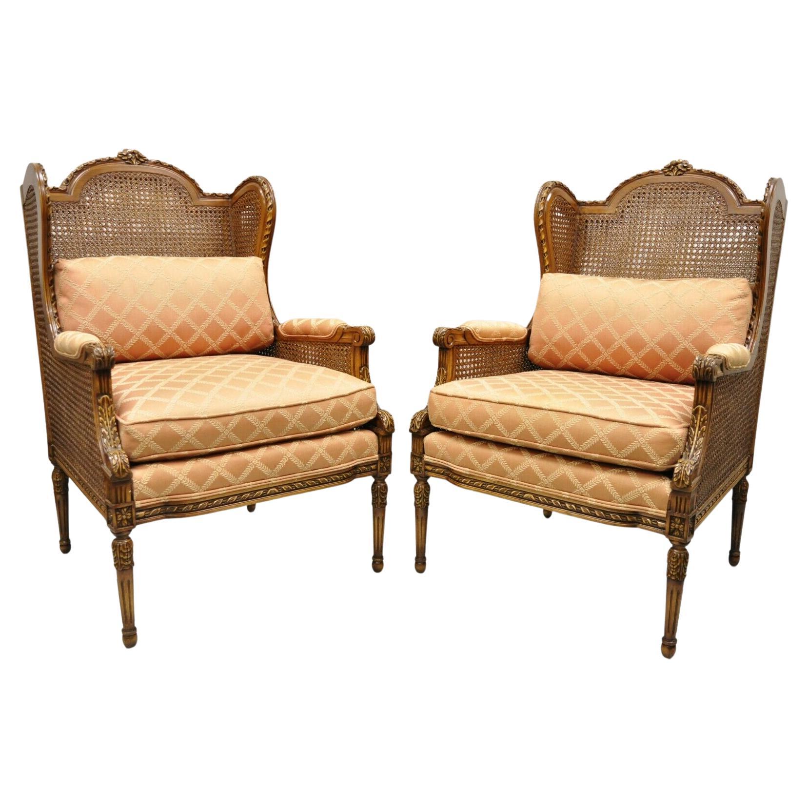 Vintage French Louis XVl Style Cane Bergere Lounge Chairs, a Pair
