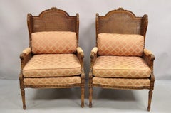 Vintage French Louis XVl Style Carved Walnut Cane Bergere Lounge Chairs - a Pair
