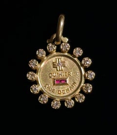Vintage  French Love Medal by Alphonse Augis  Diamond Halo Ruby 18k Yellow Gold