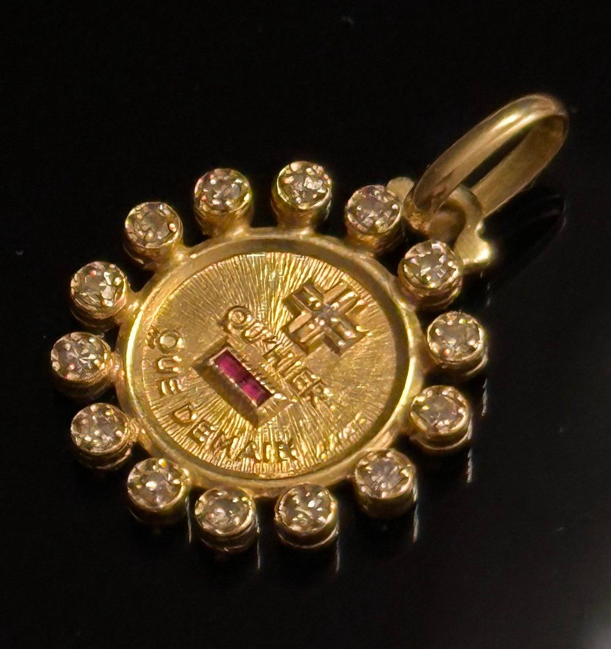 Vintage By  Französische Love-Medaille von Alphonse Augis  18 Karat Gelbgold Diamant Halo Rubin Diamant-Halo 2