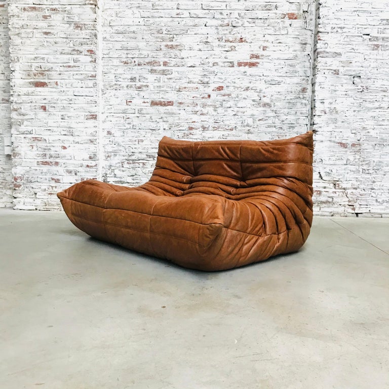 Vintage French Loveseat in Cognac Leather by Michel Ducaroy for Ligne Roset In Excellent Condition In Eindhoven, Netherlands