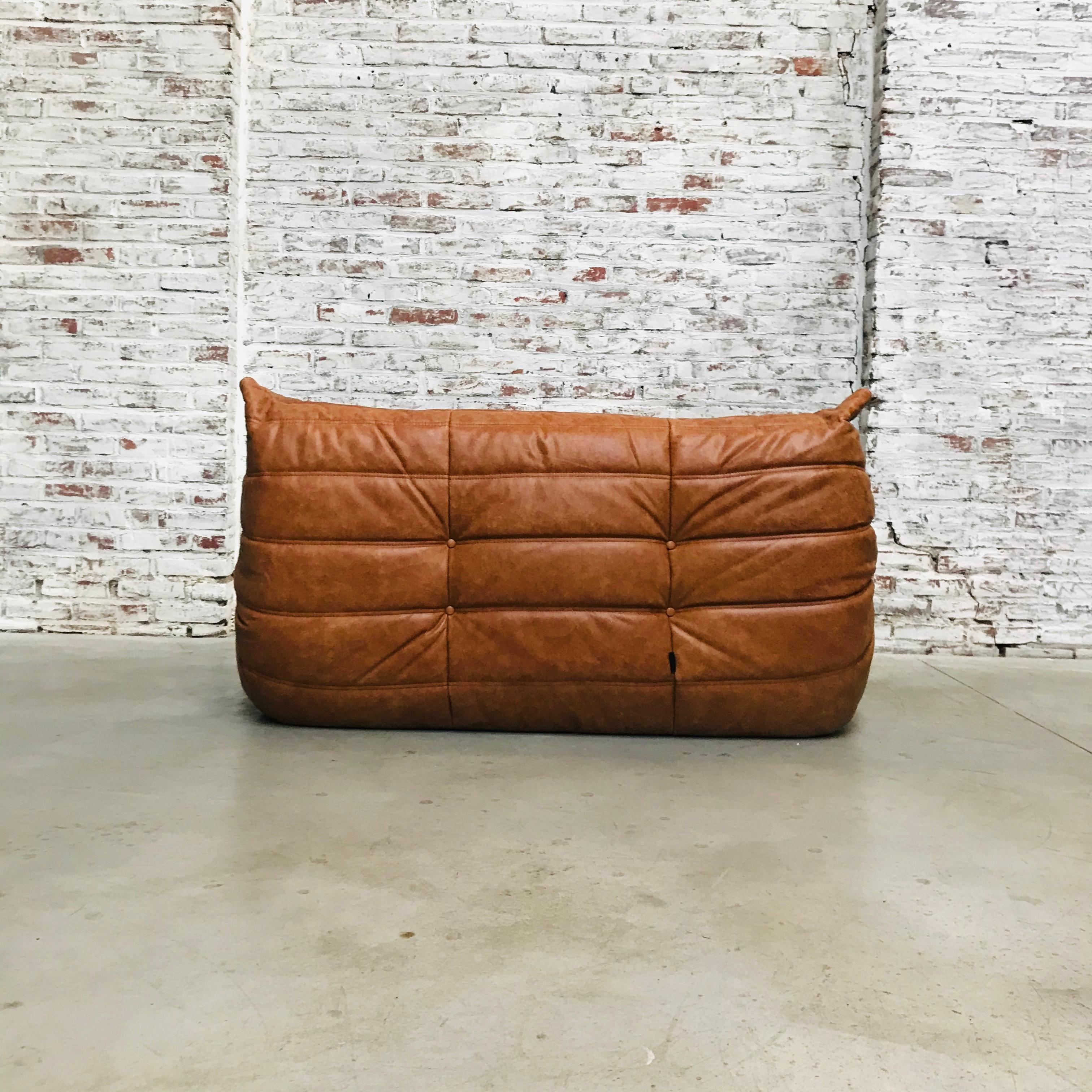 Mid-Century Modern Vintage French Loveseat in Cognac Leather by Michel Ducaroy for Ligne Roset
