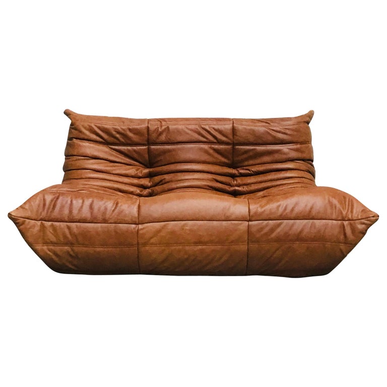 Vintage French Loveseat in Cognac Leather by Michel Ducaroy for Ligne Roset
