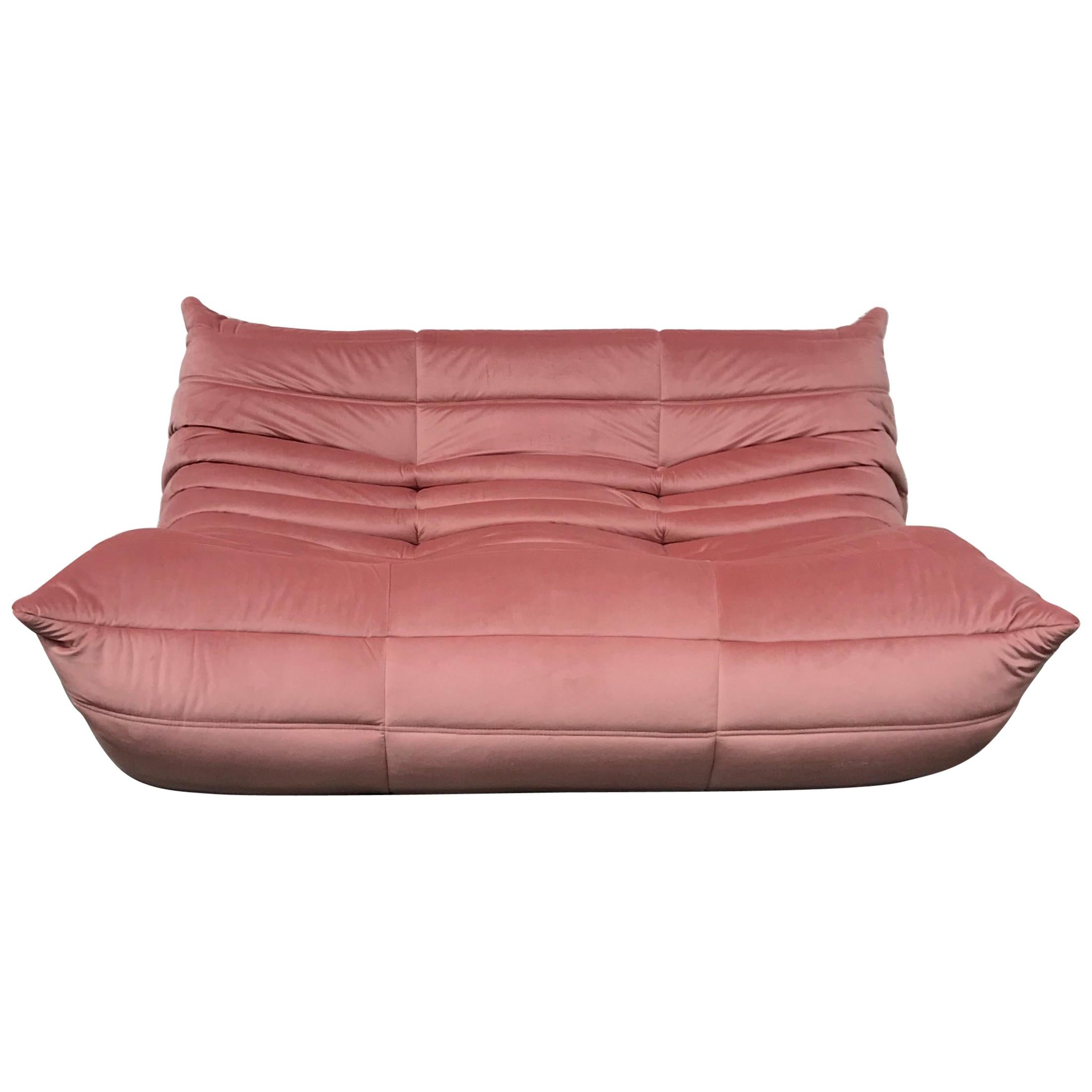 Vintage French Loveseat in Pink Velvet by Michel Ducaroy for Ligne Roset