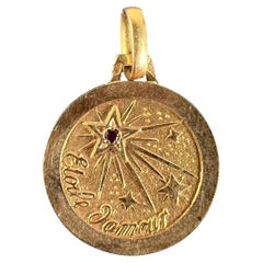 Vintage French Lucky Star of Love 18K Yellow Gold Ruby Charm Pendant