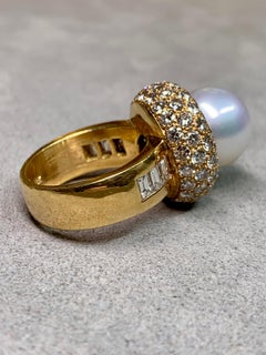 Vintage French-Made 18K Yellow Gold South Sea Pearl & 4.36ct Pavé Diamond Ring