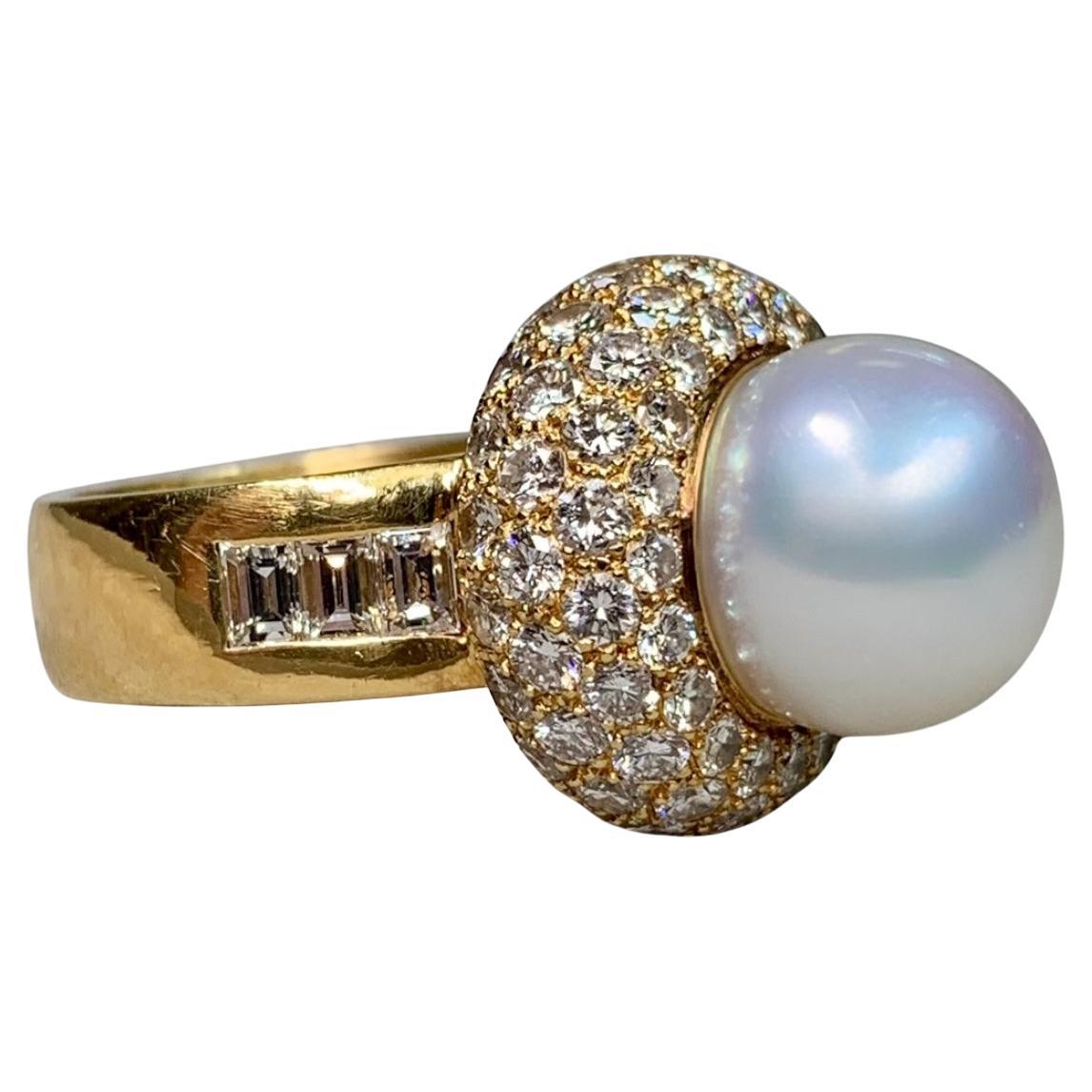 Bague vintage en or jaune 18K de fabrication française, perle des mers du Sud et diamant pavé de 4,36ct