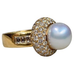 Bague vintage en or jaune 18K de fabrication française, perle des mers du Sud et diamant pavé de 4,36ct