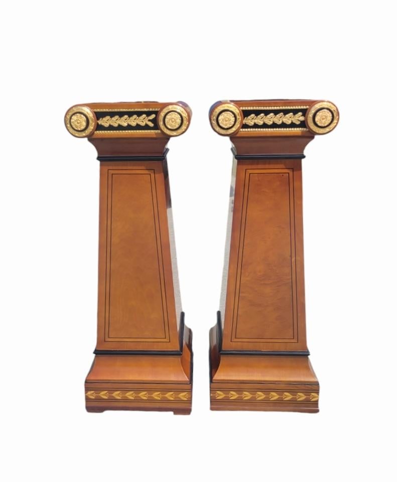 Vintage French Mahogany Ormolou Inlaid Ornamental Louis XVI Pedestal Columns For Sale 3