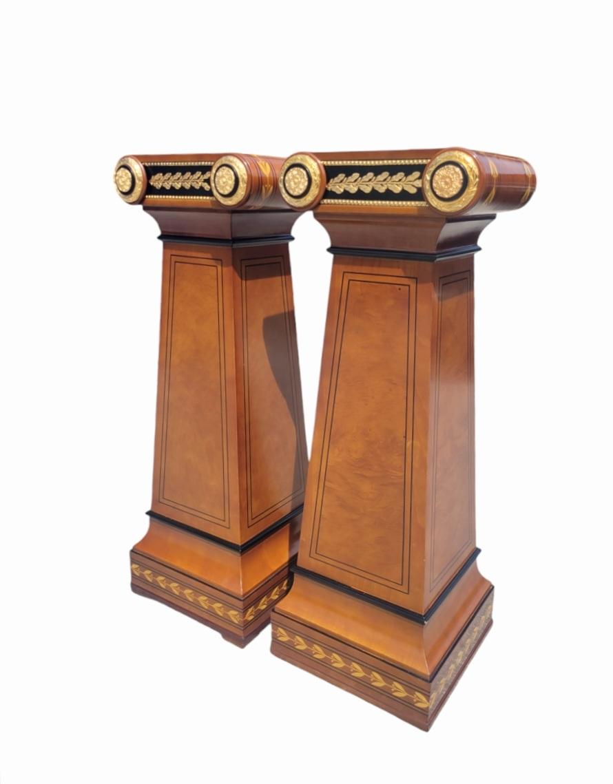 Vintage French Mahogany Ormolou Inlaid Ornamental Louis XVI Pedestal Columns For Sale 4