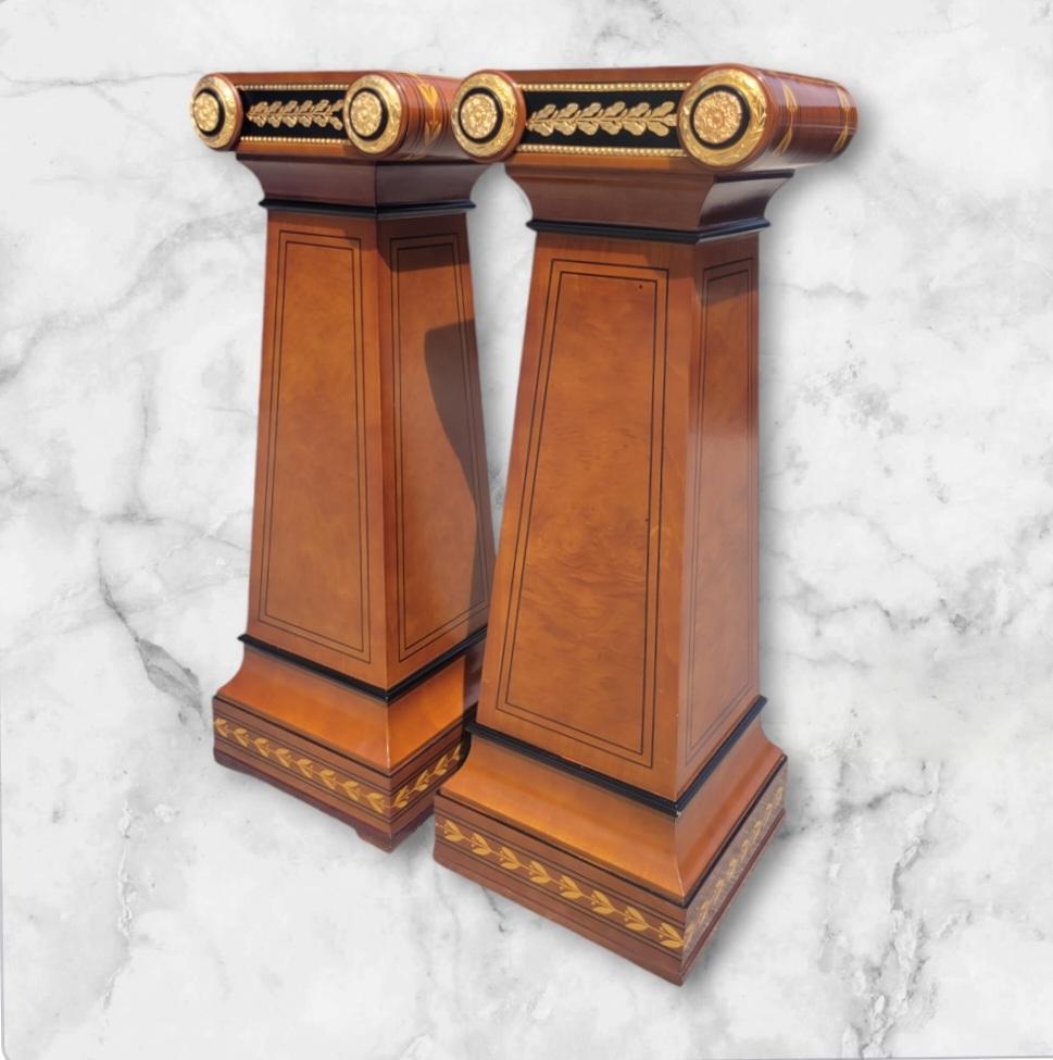 Inlay Vintage French Mahogany Ormolou Inlaid Ornamental Louis XVI Pedestal Columns For Sale