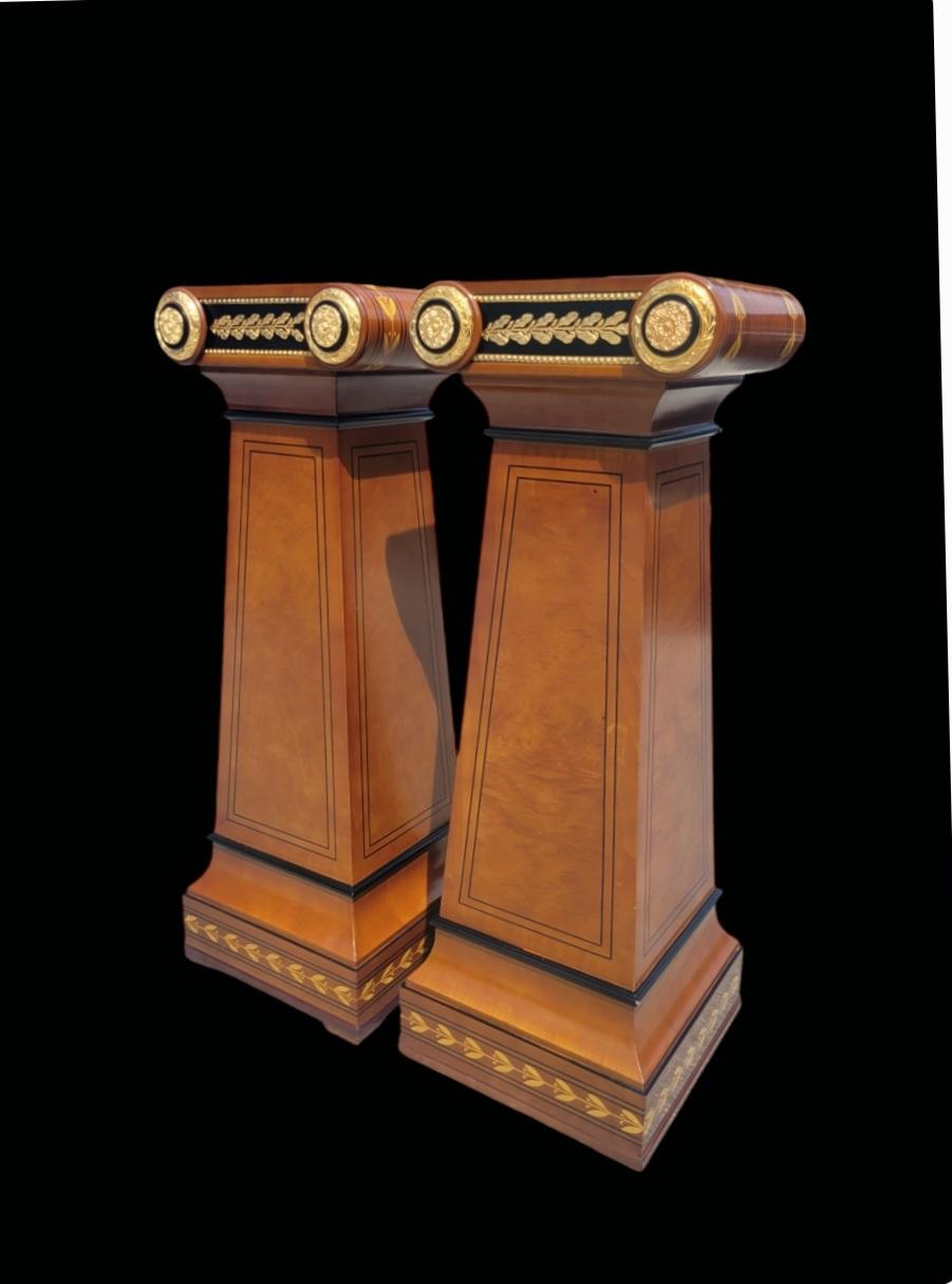 Vintage French Mahogany Ormolou Inlaid Ornamental Louis XVI Pedestal Columns In Good Condition For Sale In Jensen Beach, FL