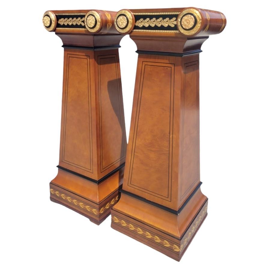 Vintage French Mahogany Ormolou Inlaid Ornamental Louis XVI Pedestal Columns