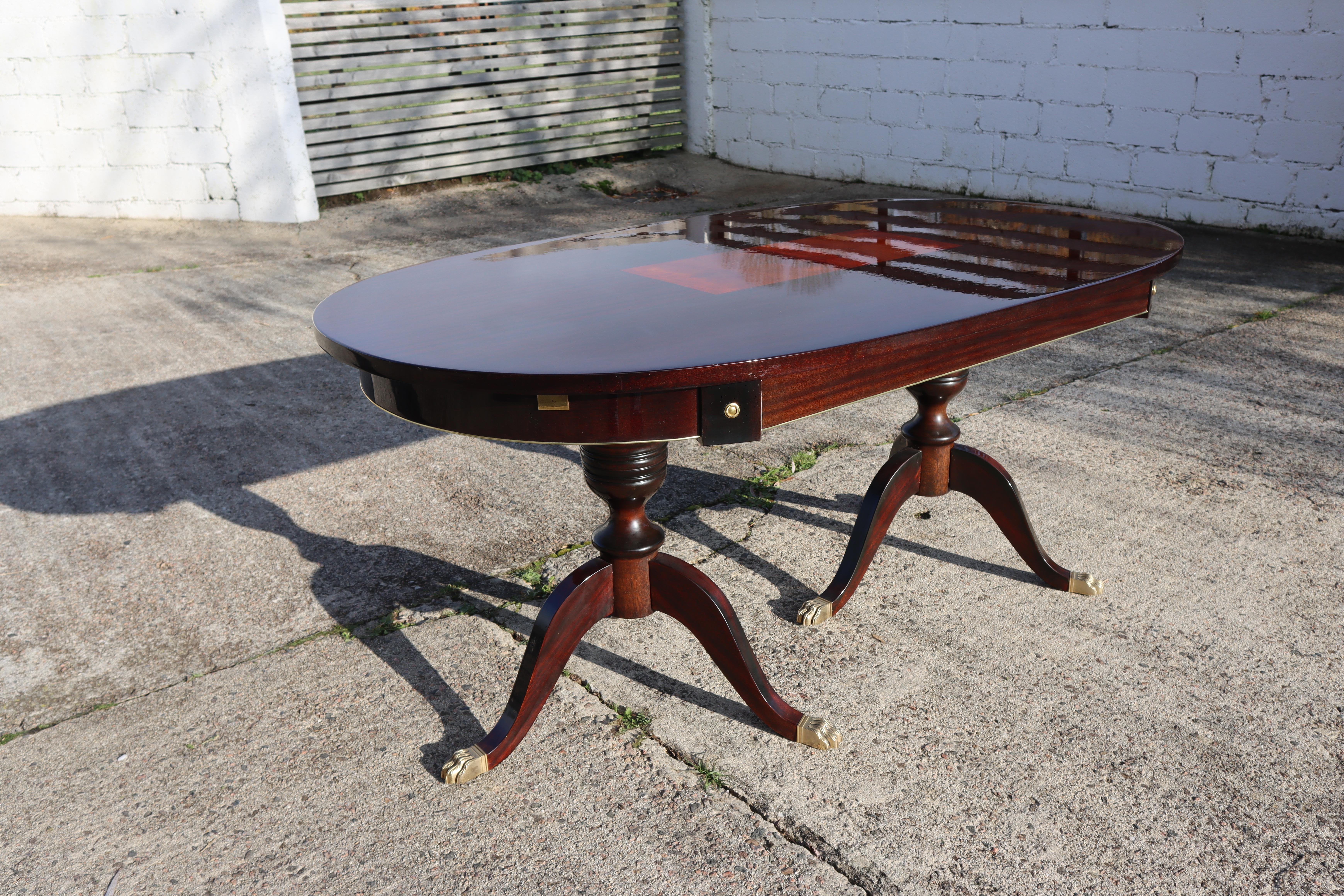 Brass Vintage French Mahogany Table, Duncan Phyfe Style, Inlaid oval Dining Table 80s