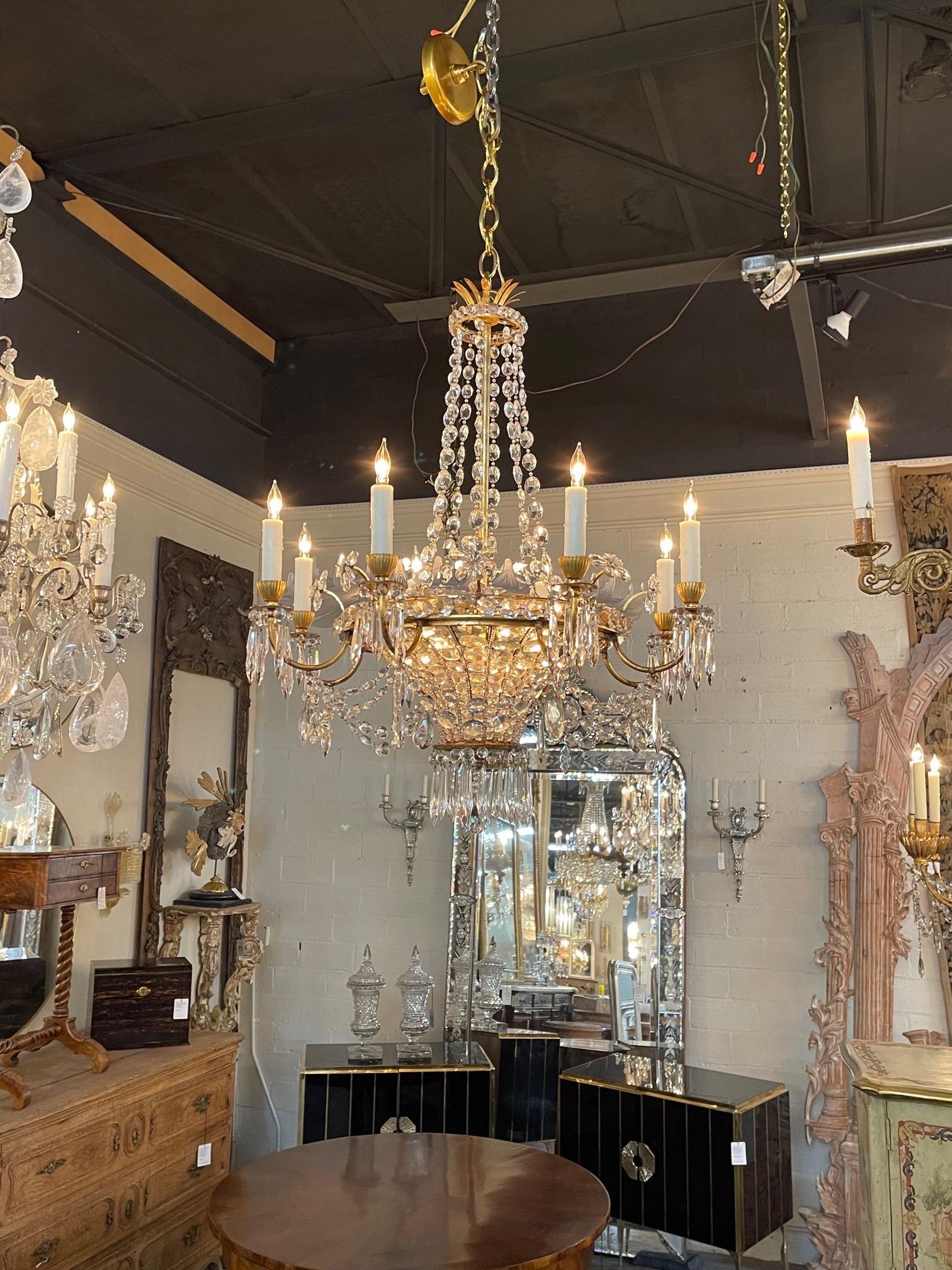 Vintage French Maison Bagues Gilt Bronze and Crystal 8 Arm Chandelier 4
