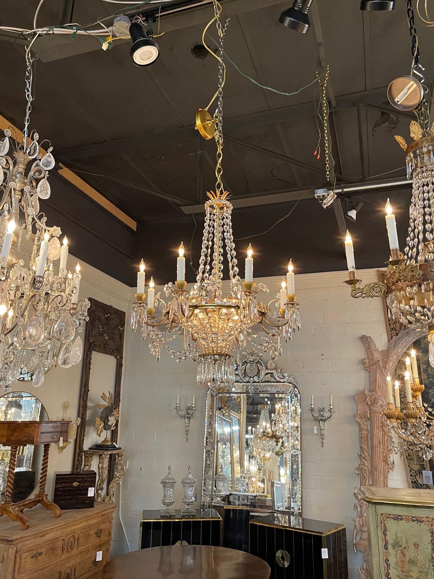 Vintage French Maison Bagues Gilt Bronze and Crystal 8 Arm Chandelier 5