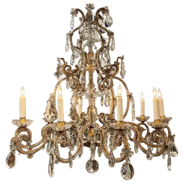 Araña francesa vintage Maison Bagues de hierro dorado y cristal