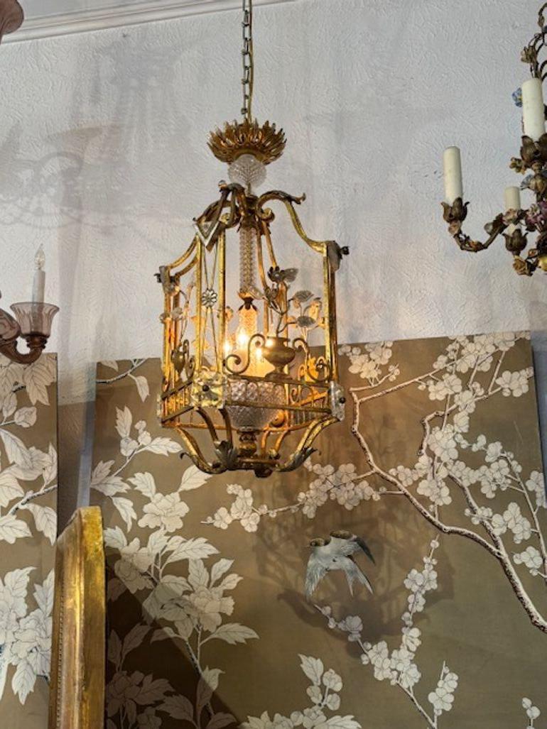 Vintage French Maison Bagues Manner Pendant with Gilt Toile and Crystal In Good Condition For Sale In Dallas, TX