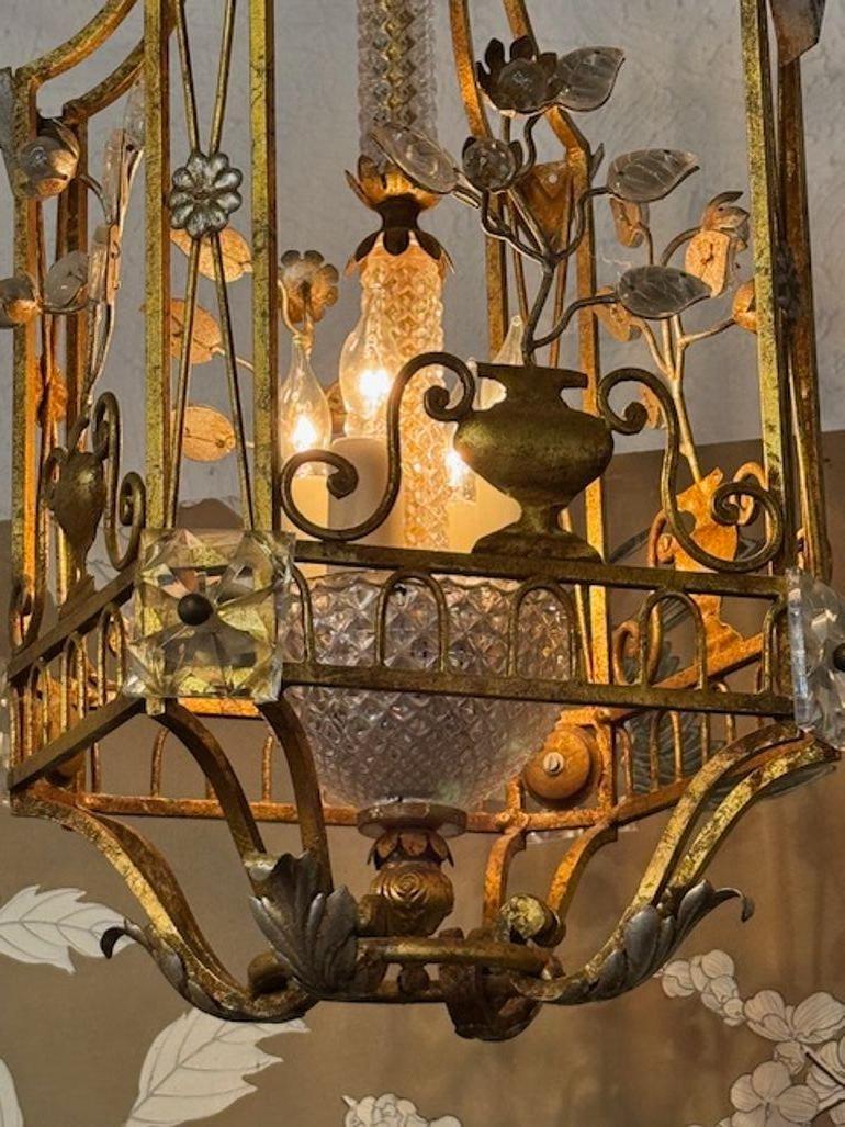 20th Century Vintage French Maison Bagues Manner Pendant with Gilt Toile and Crystal For Sale