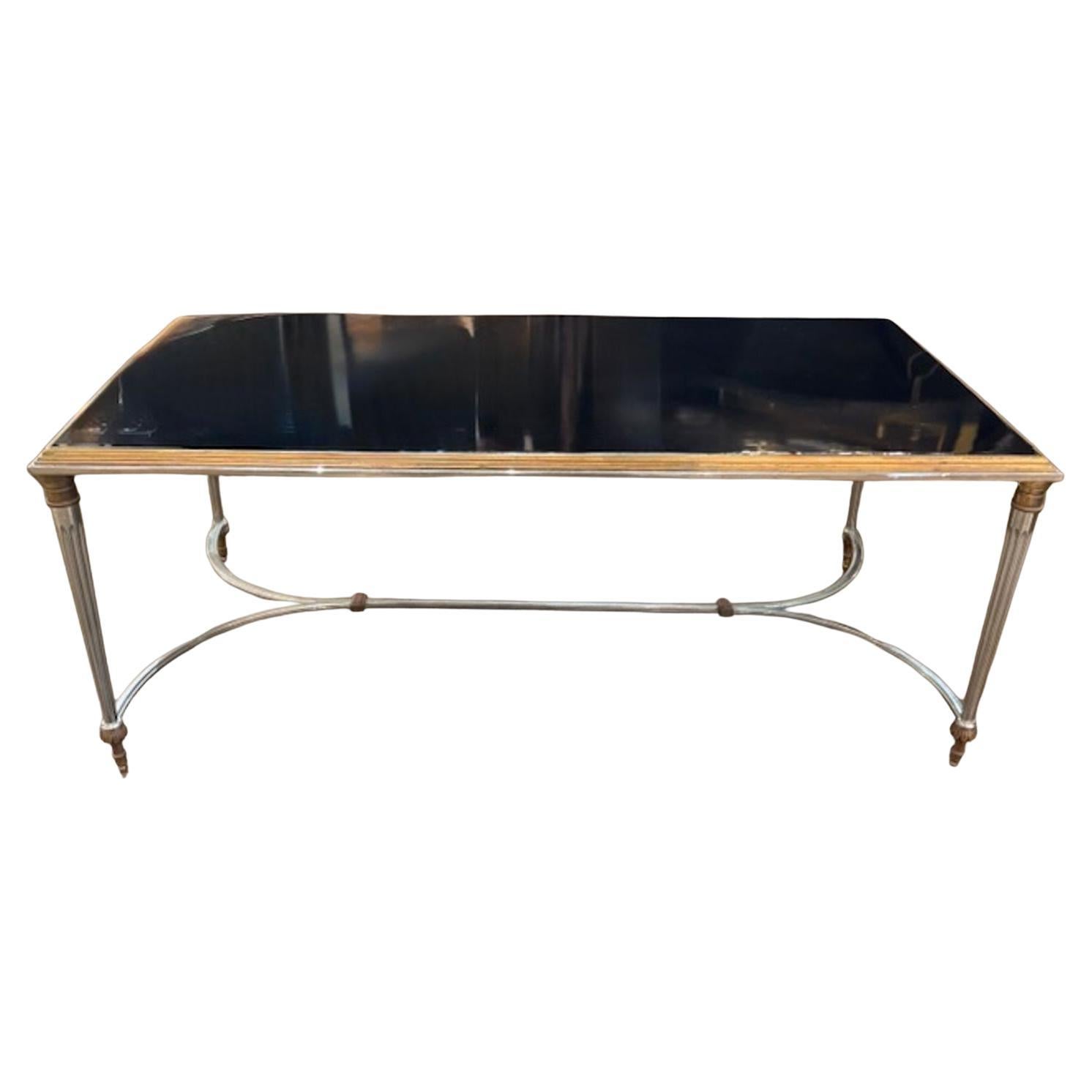 Mesa baja francesa vintage Maison Jansen de acero, latón y cristal negro