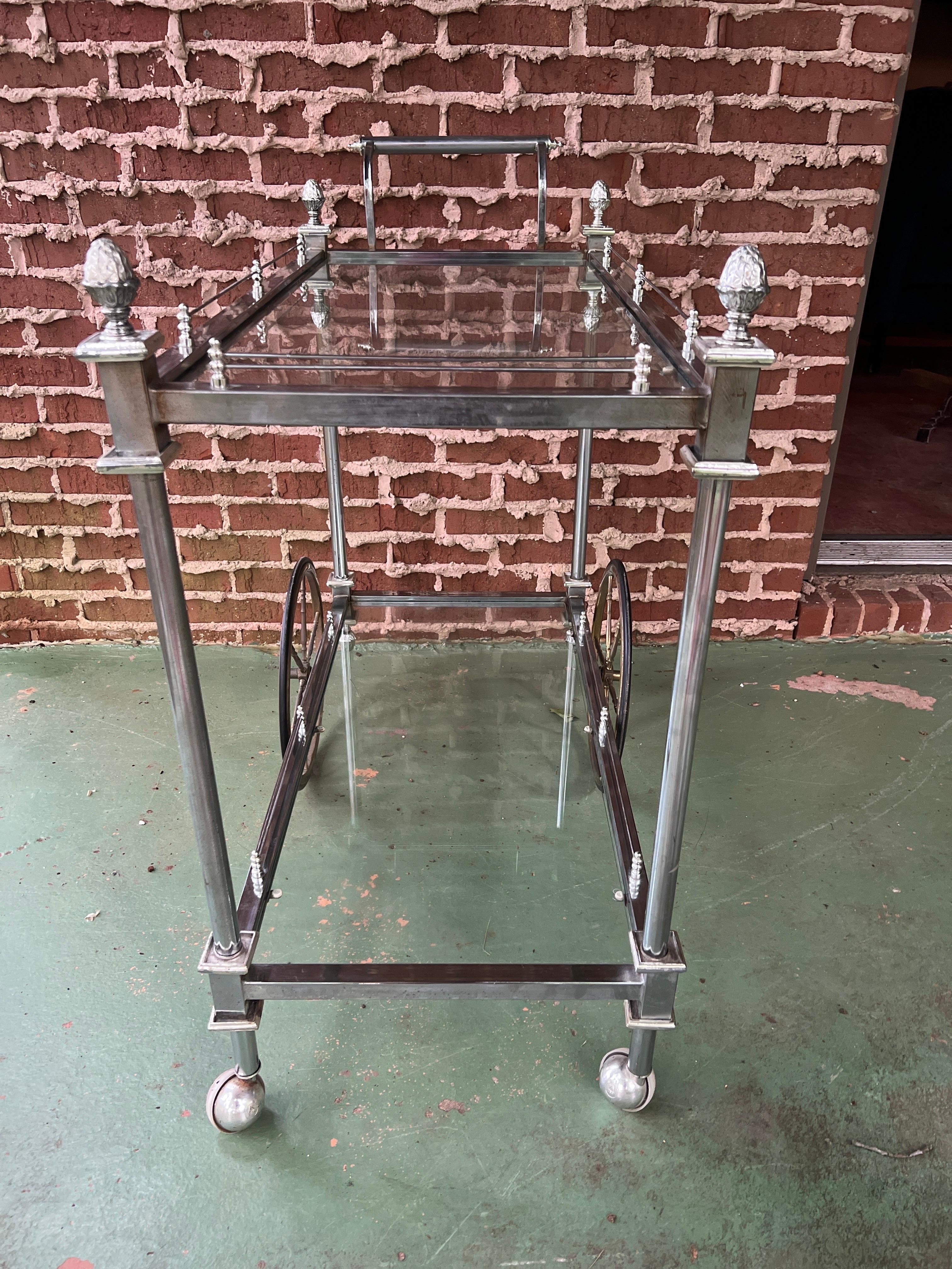 Vintage French Maison Jansen Style Chrome & Brass Tiered Drinks / Bar Cart For Sale 3