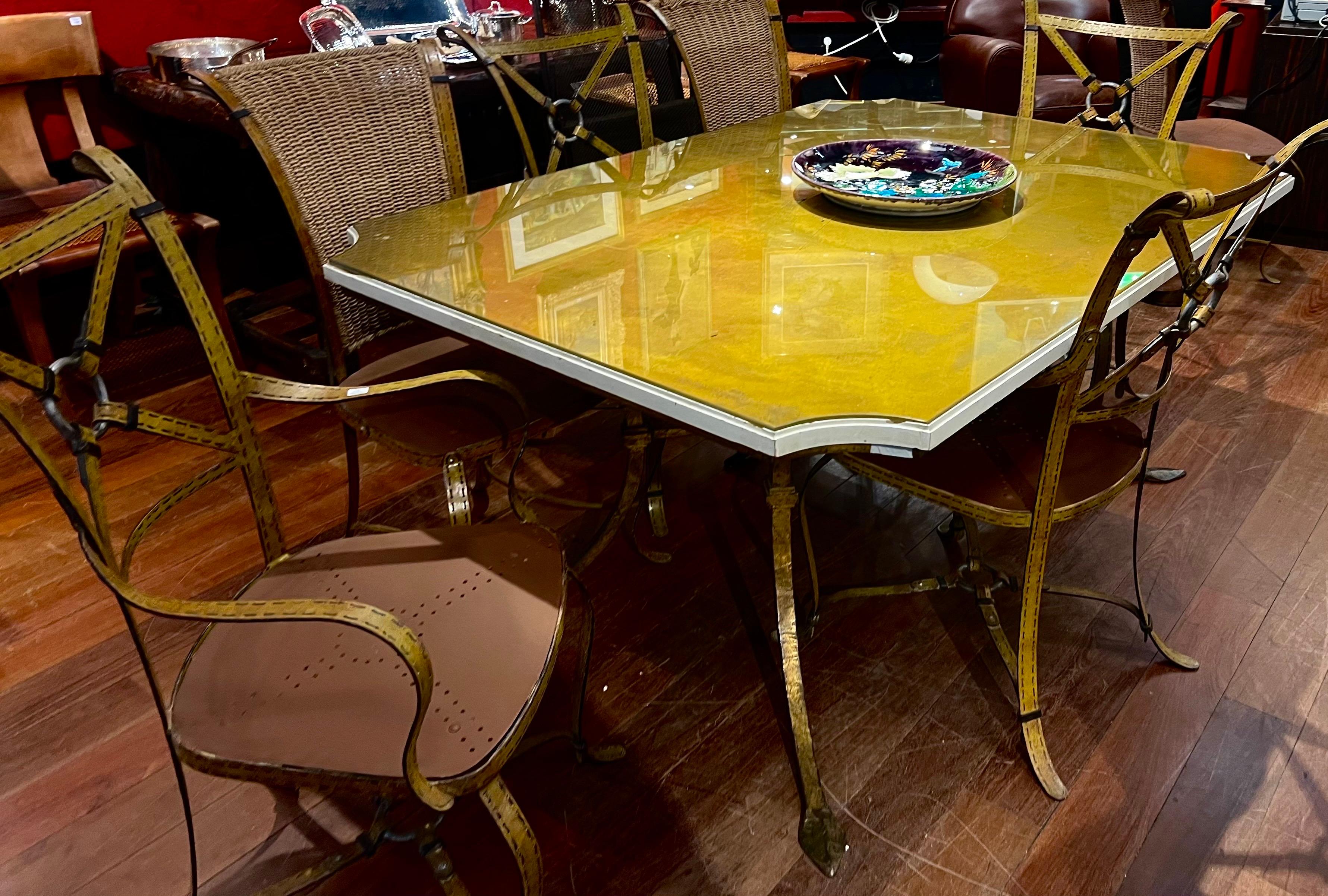 20th Century Vintage French Maison Ramsay Forged Gilded Dining Table with Yellow Glass Top For Sale