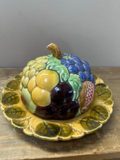 Vintage French Majolica Butter Dish, 1930s Fruit Design Earthenware