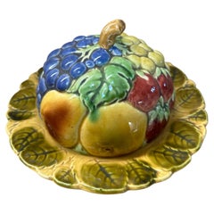Vintage French Majolica Butter Dish, 1930s Fruit Design Earthenware