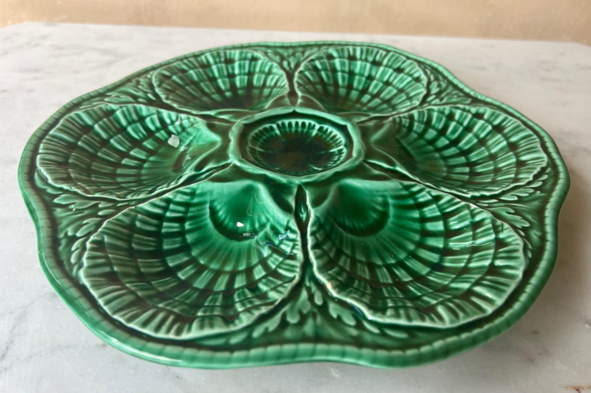 Art Nouveau Vintage French Majolica Oyster Plate by Sarreguemines For Sale