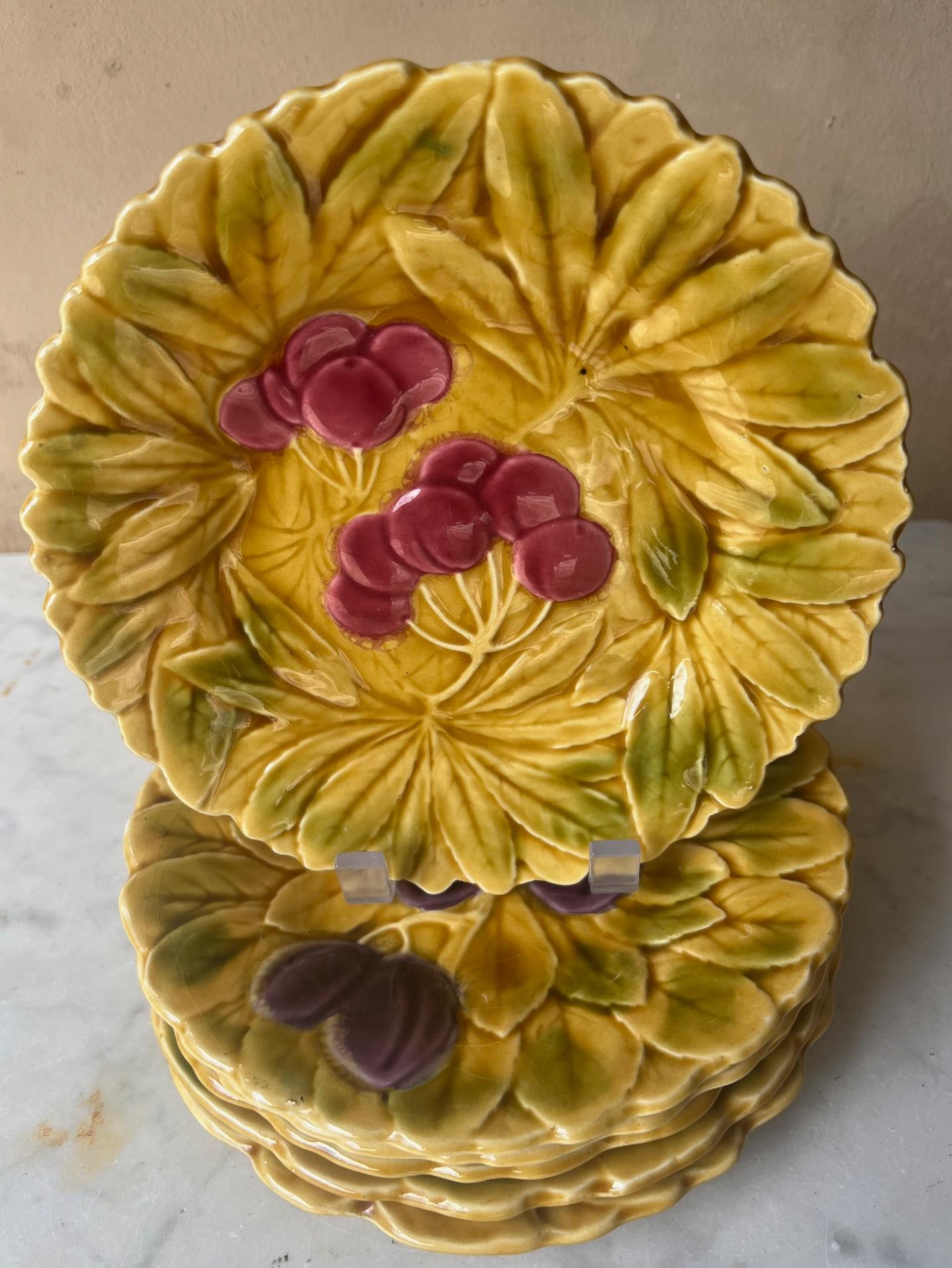Set of six majolica fruit lunch or salad plates made in France by Sarreguemines between 1920 and 1950.  Each plate is colorfully decorated with a different fruit and color and stamped on the bottom Sarreguemines France.