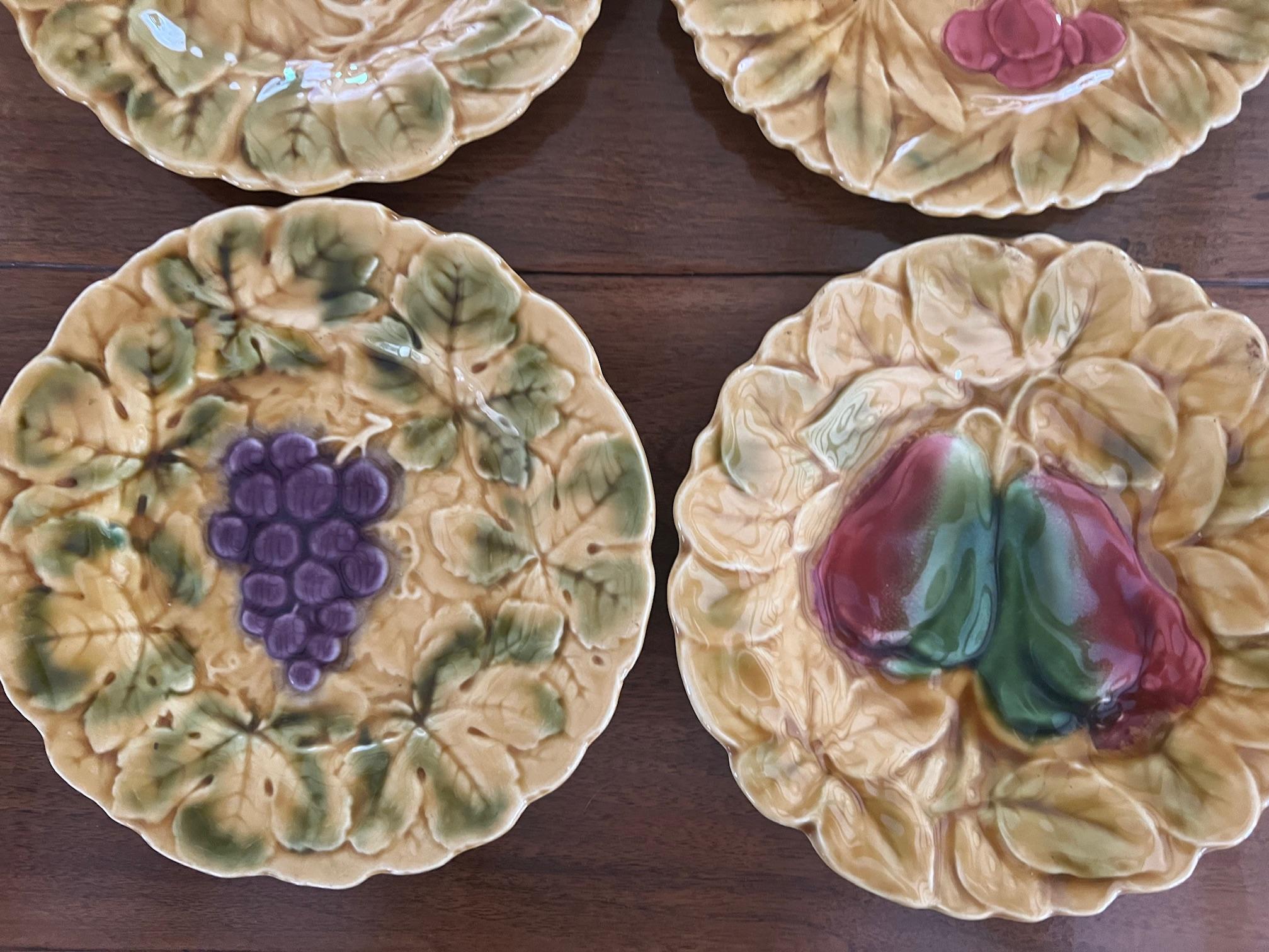 Art Nouveau Vintage French Majolica Plate Set of 6 by Sarreguemines, C. 1940's