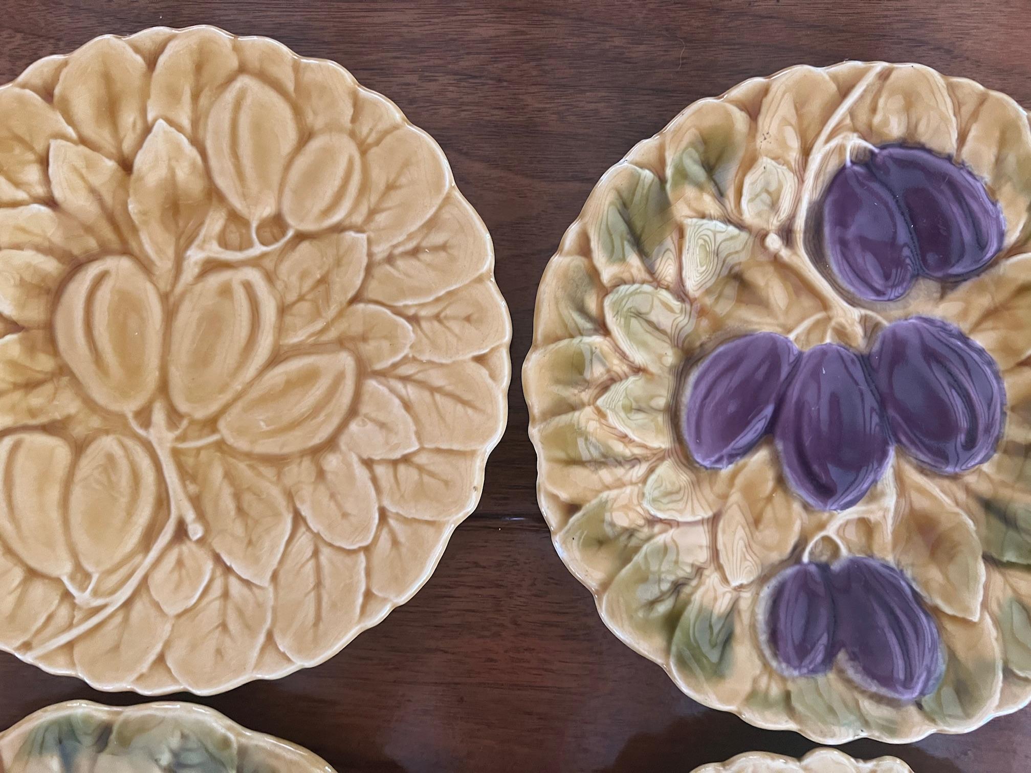 Hand-Painted Vintage French Majolica Plate Set of 6 by Sarreguemines, C. 1940's