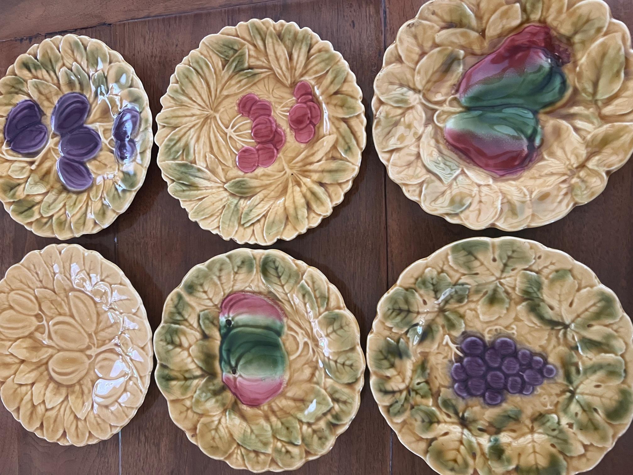 Ceramic Vintage French Majolica Plate Set of 6 by Sarreguemines, C. 1940's
