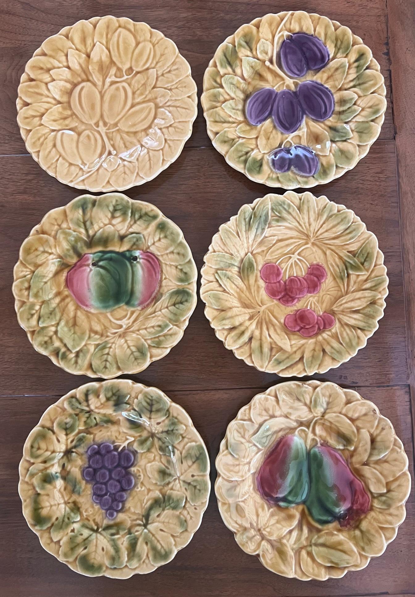 Vintage French Majolica Plate Set of 6 by Sarreguemines, C. 1940's 1