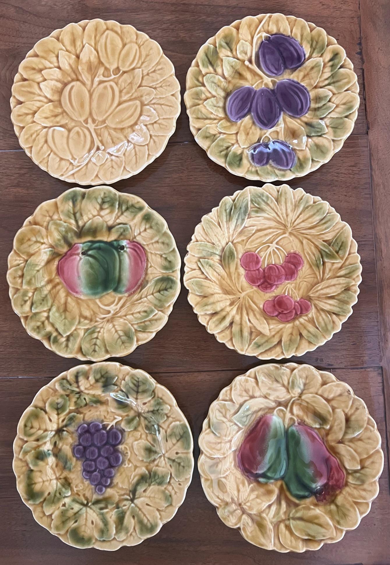 Vintage French Majolica Plate Set of 6 by Sarreguemines, C. 1940's 2