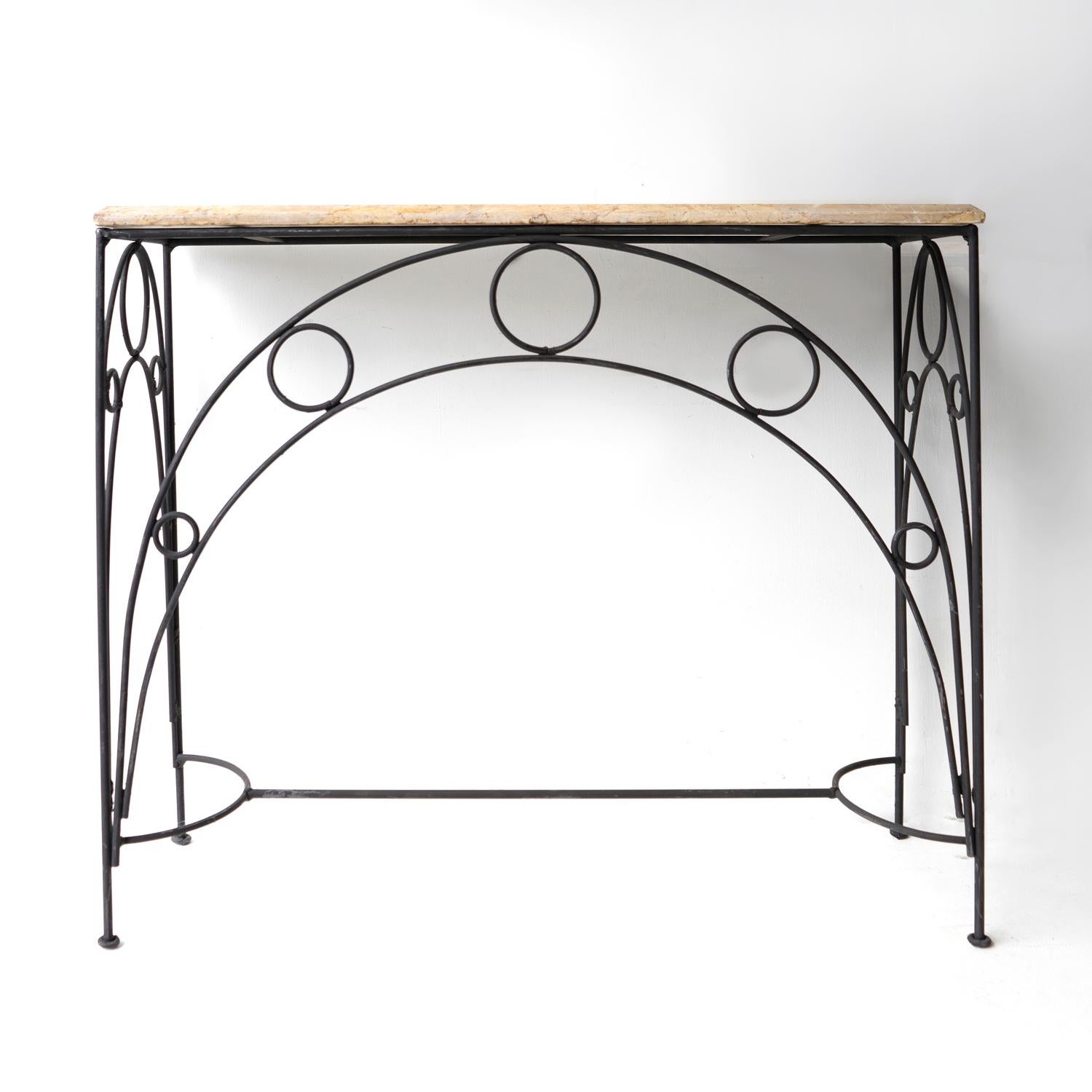 Iron Vintage French Marble And Wrought Metal Console Table, Mid 20th Century