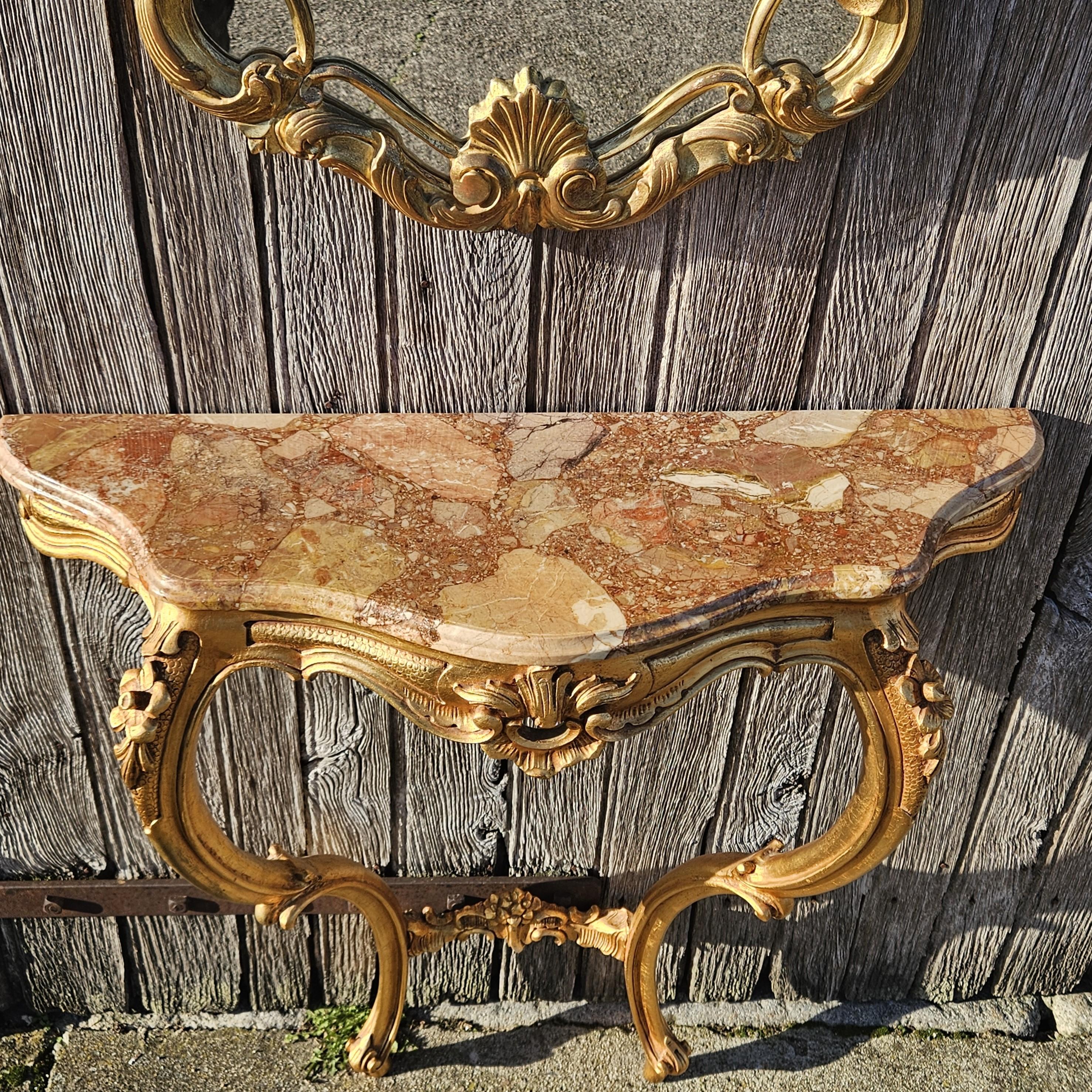Intagliato a mano Console francese in marmo e specchio barocco d'epoca - stile Luigi XV in vendita